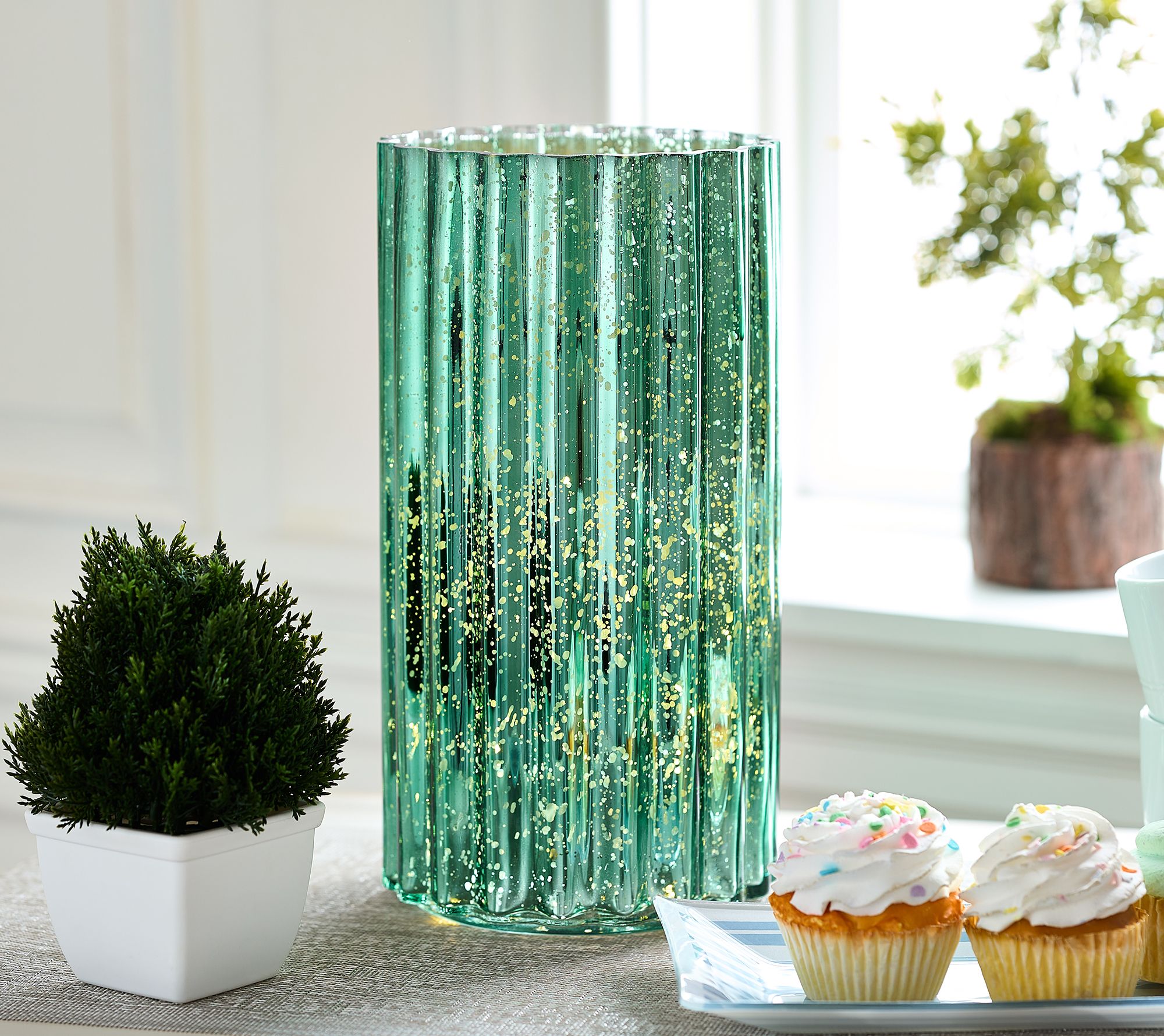12" Oversized Illuminated Fluted Mercury Glass Hurricane by Valerie