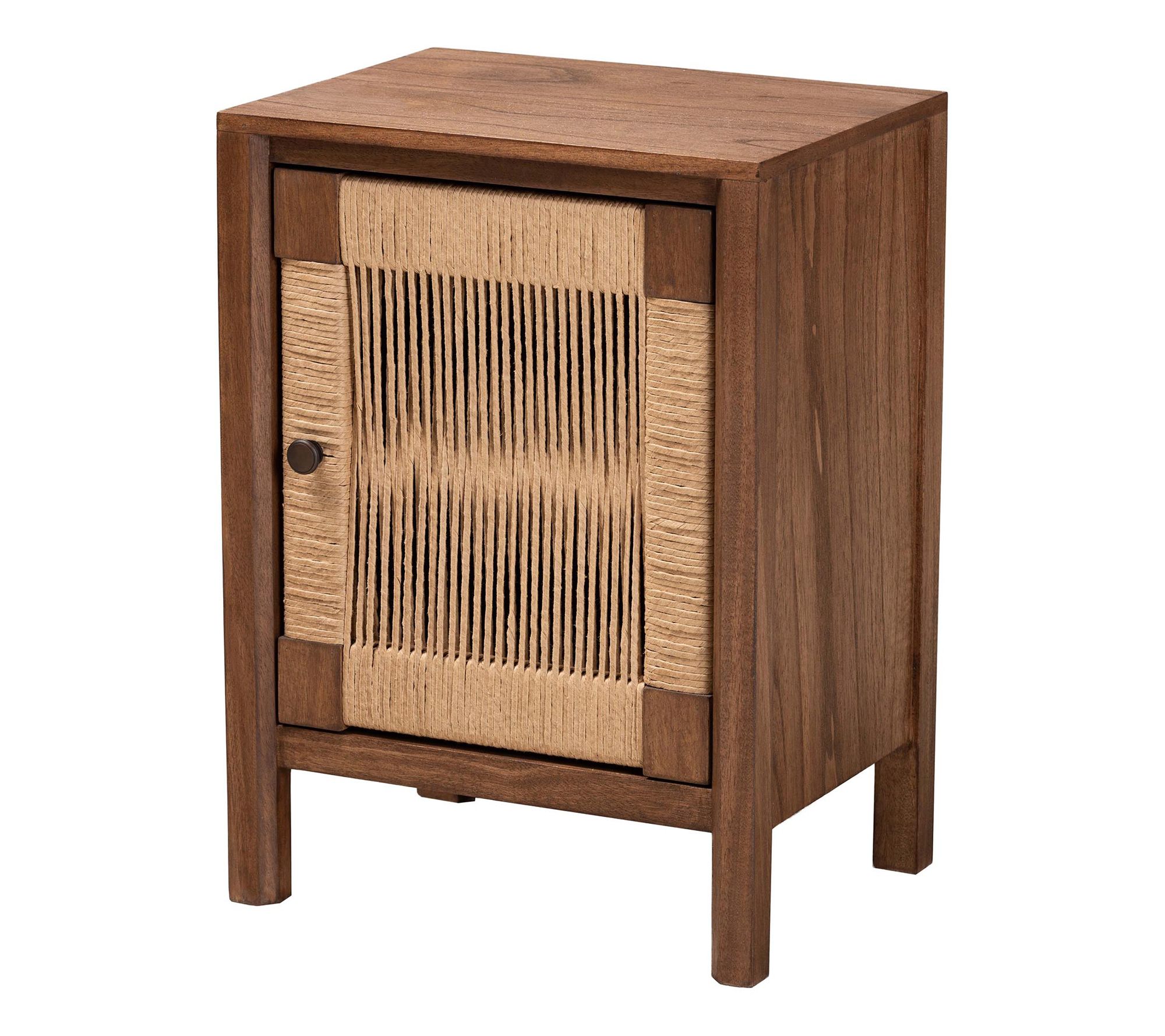 Walnut brown wood nightstand with a woven rope door.
