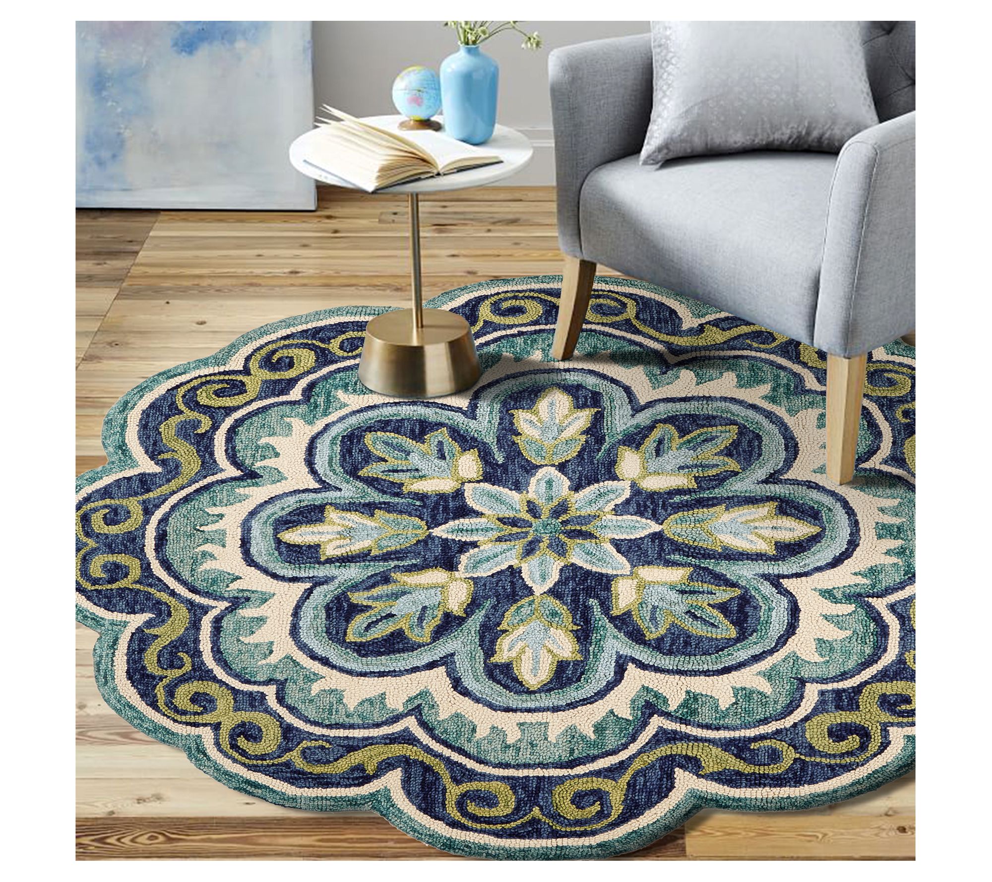 Ox Bay Mia Green Floral Medallion Wool Indoor 5' Round Rug
