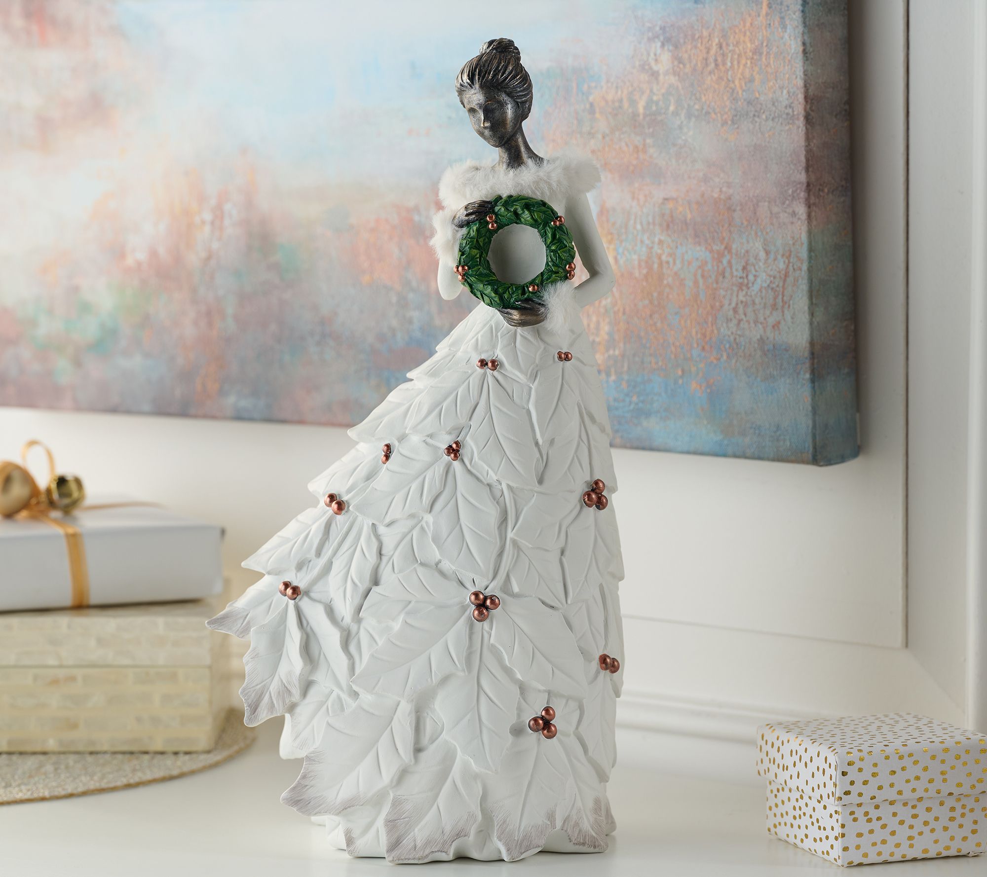 15" Holiday Maiden with Faux Fur Trim and Wreath by Valerie