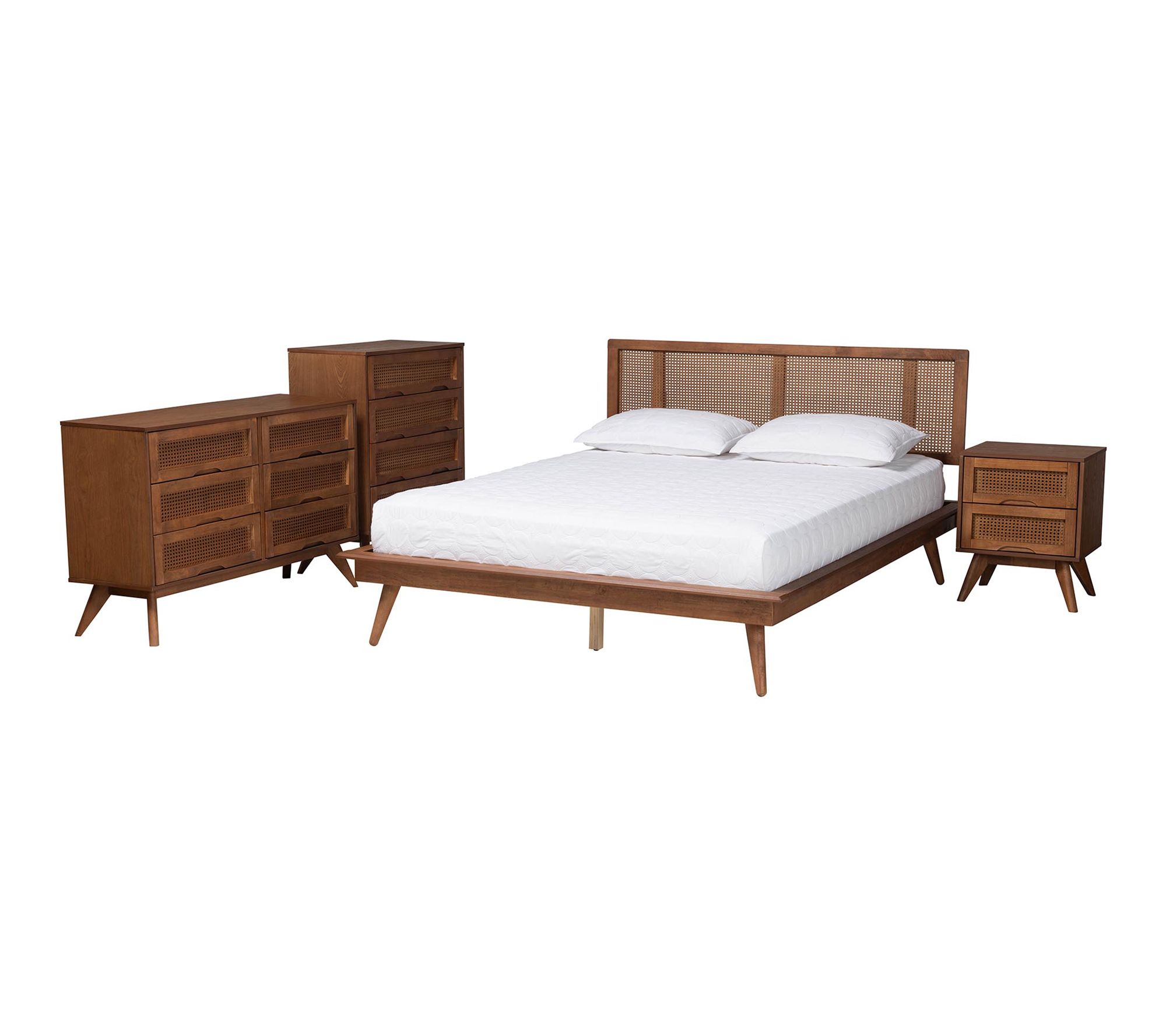 Baxton Studio Nura Wood and Rattan King 4-PieceBedroom Set