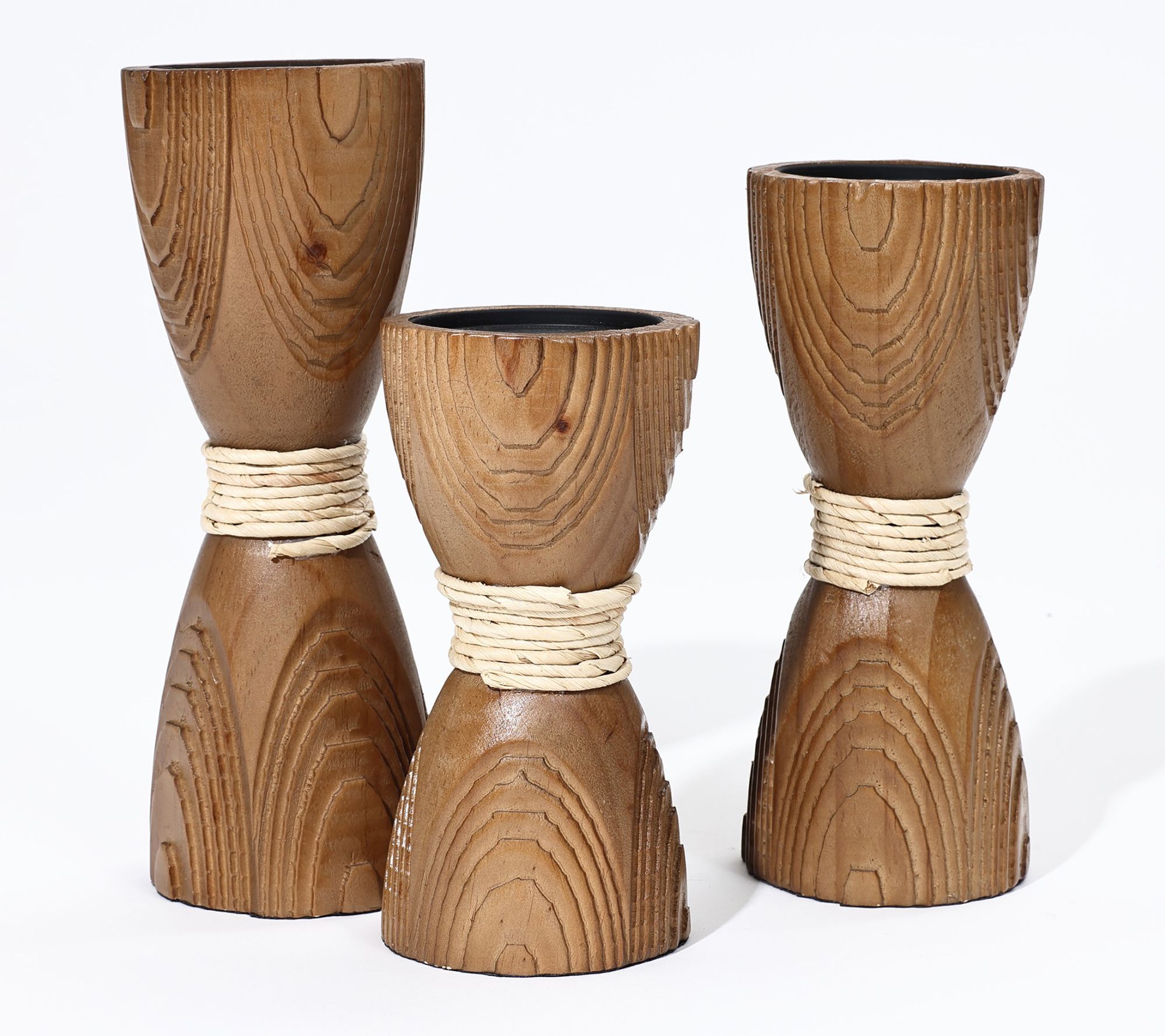 LuxenHome 3-Pc Pine Wood with Rattan Pillar Candle Holder Set