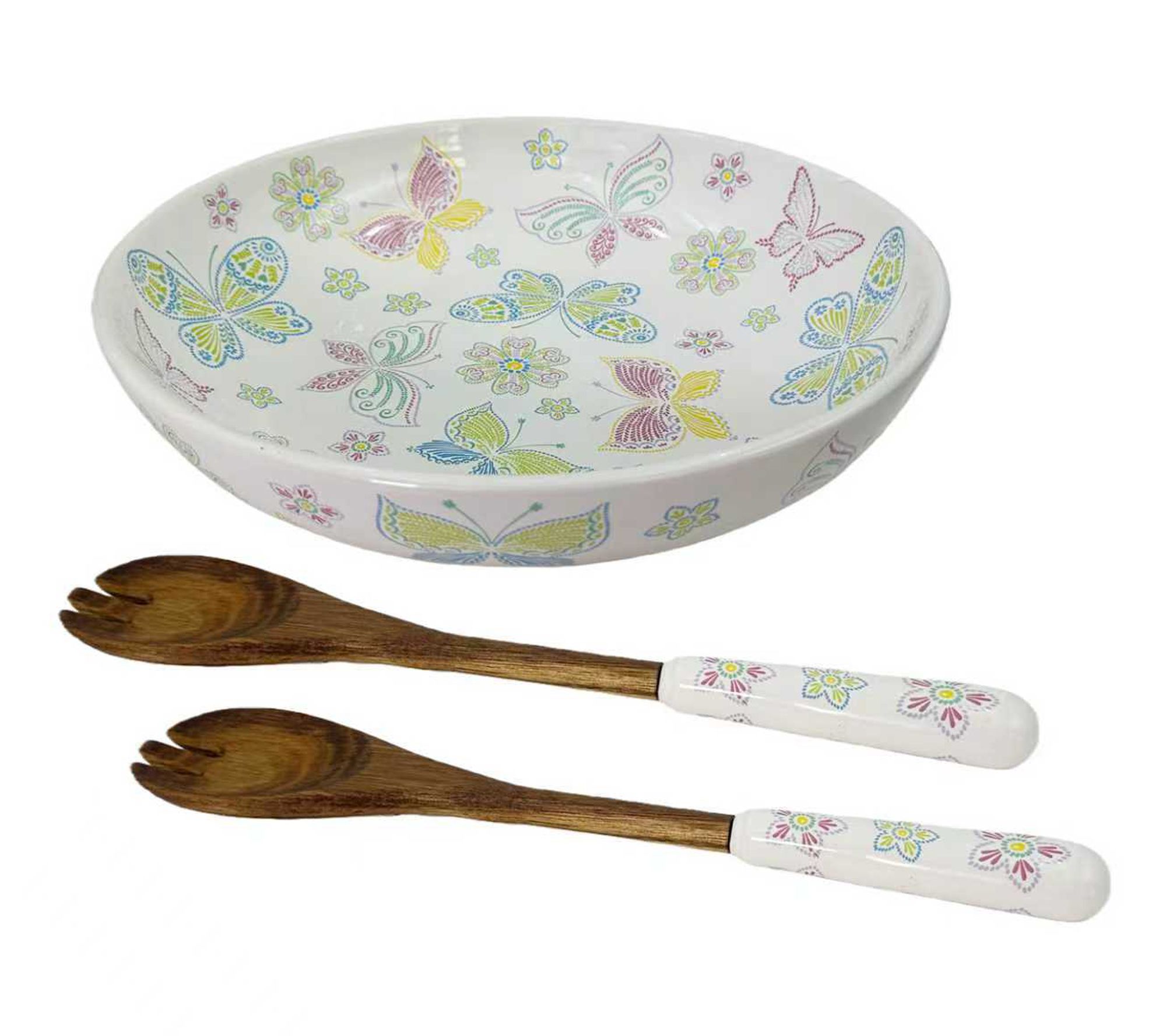 "As Is" Temp-tations Seasonal 4-qt Serving Bowl w/ Wood Servers