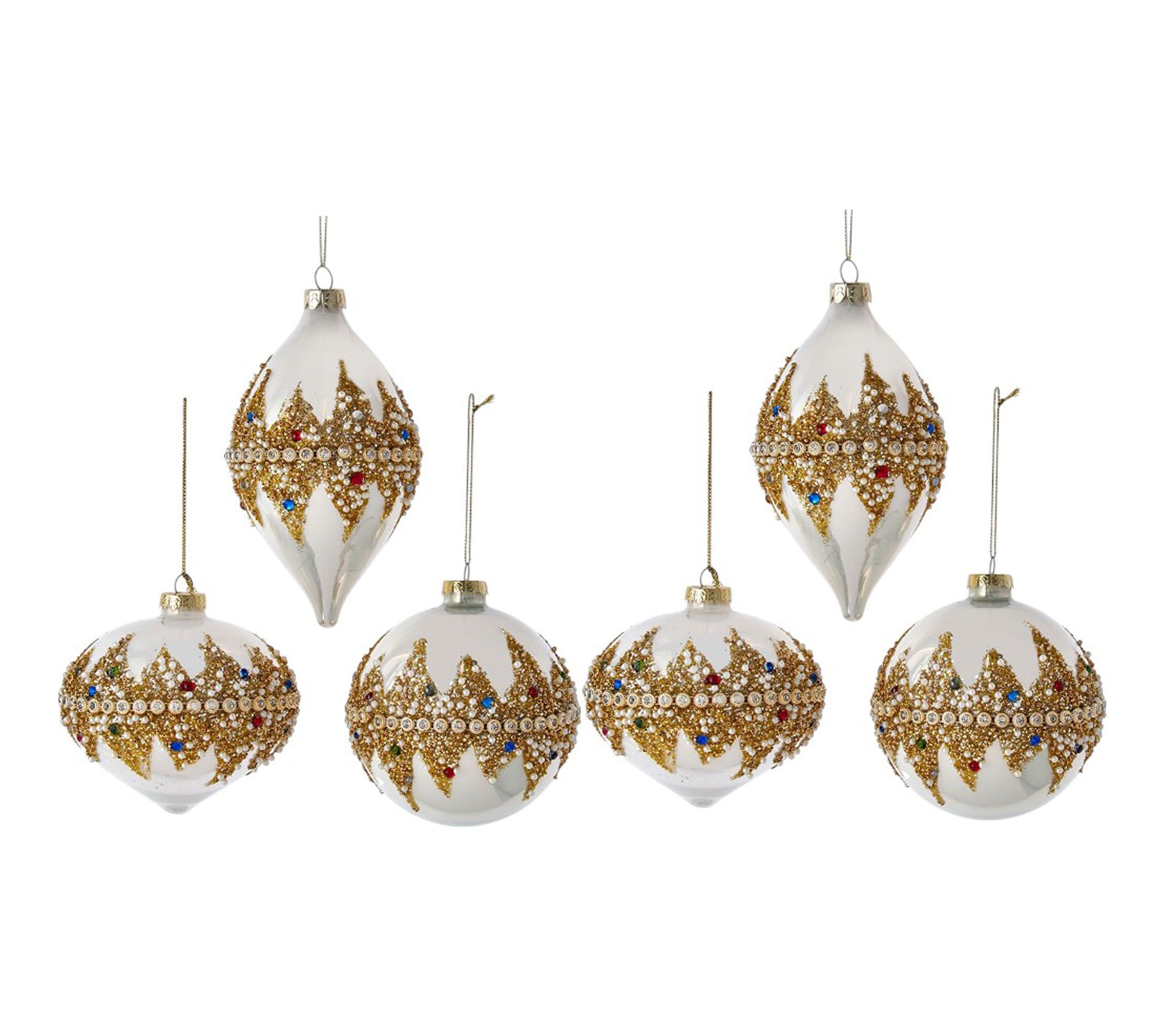 RC Home Set of 6 Faux Pearl & Jewel Glass Christmas Ornaments
