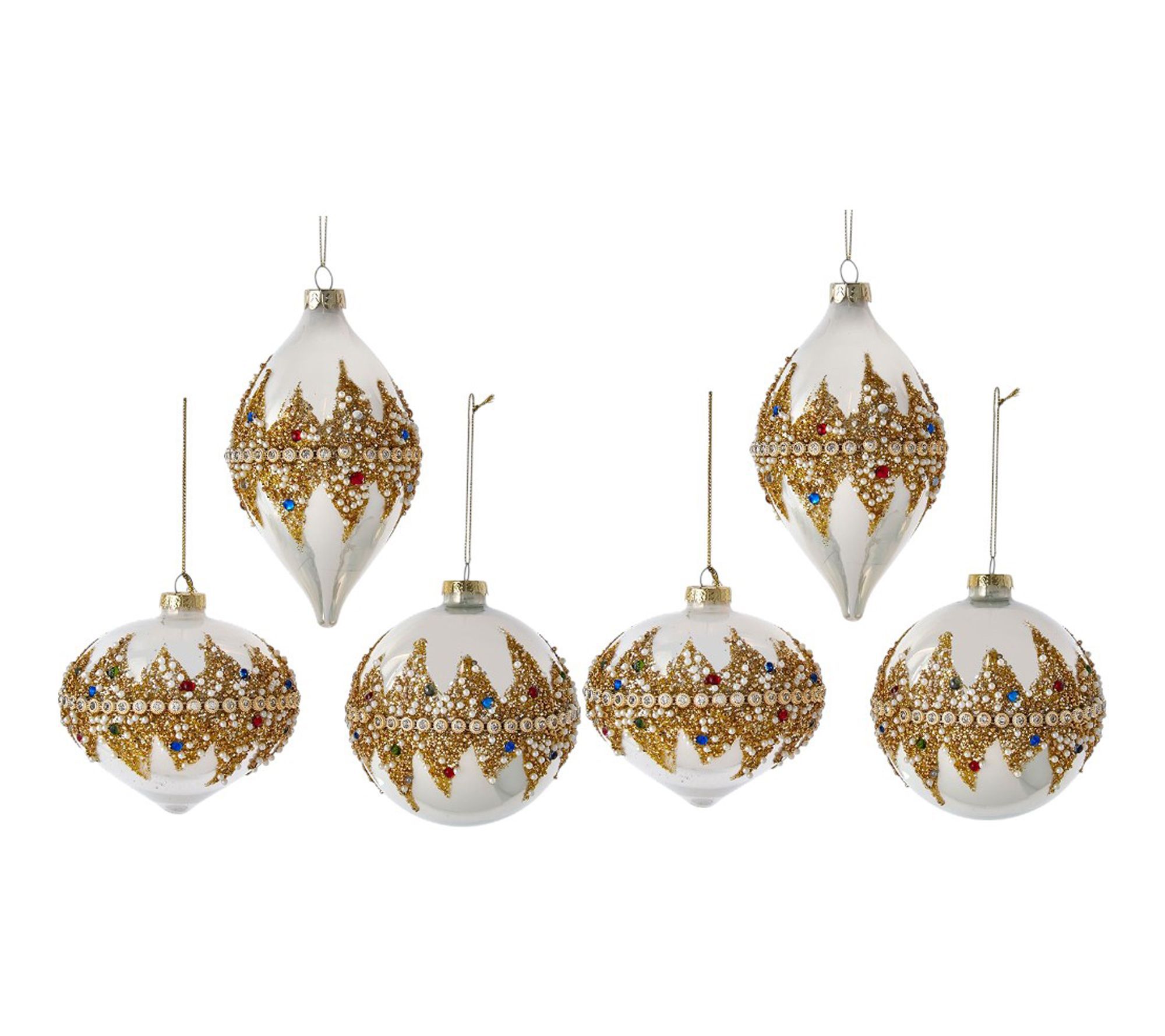 RC Home Set of 6 Faux Pearl & Jewel Glass Christmas Ornaments