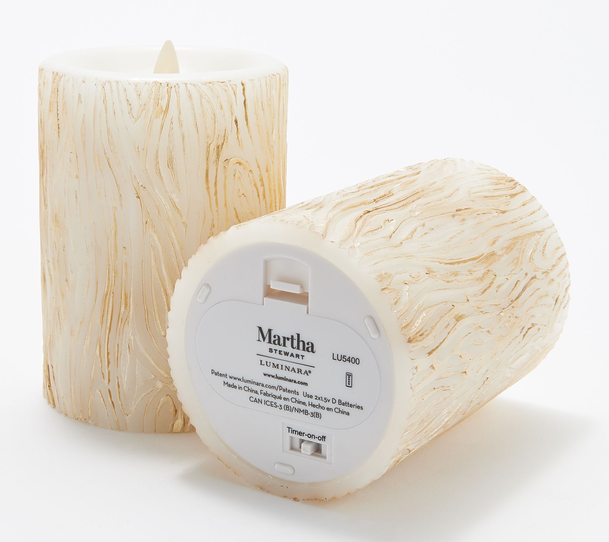Martha Stewart Flameless Set of (2) 5" Faux Bois Pillar Candles