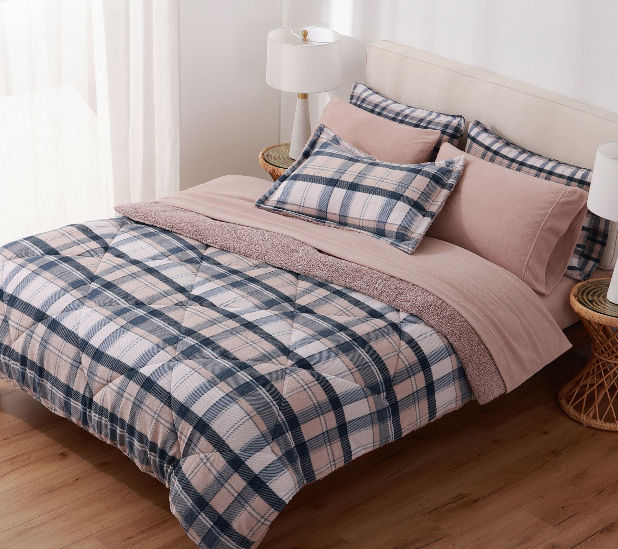 Berkshire Printed Plaid Reversible Cozy Plush Comforter Set - QVC.com