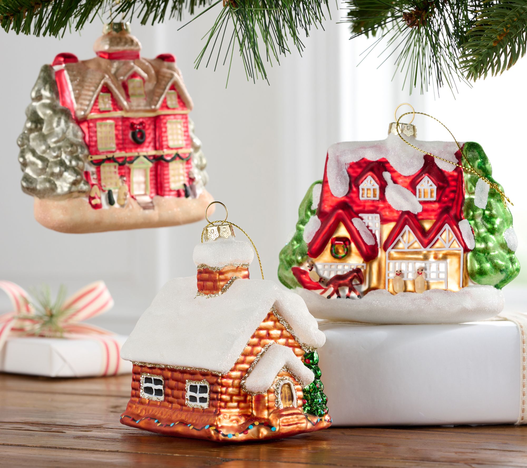 Home Reflections S/3 Vintage Glass Holiday Village Ornaments - QVC.com