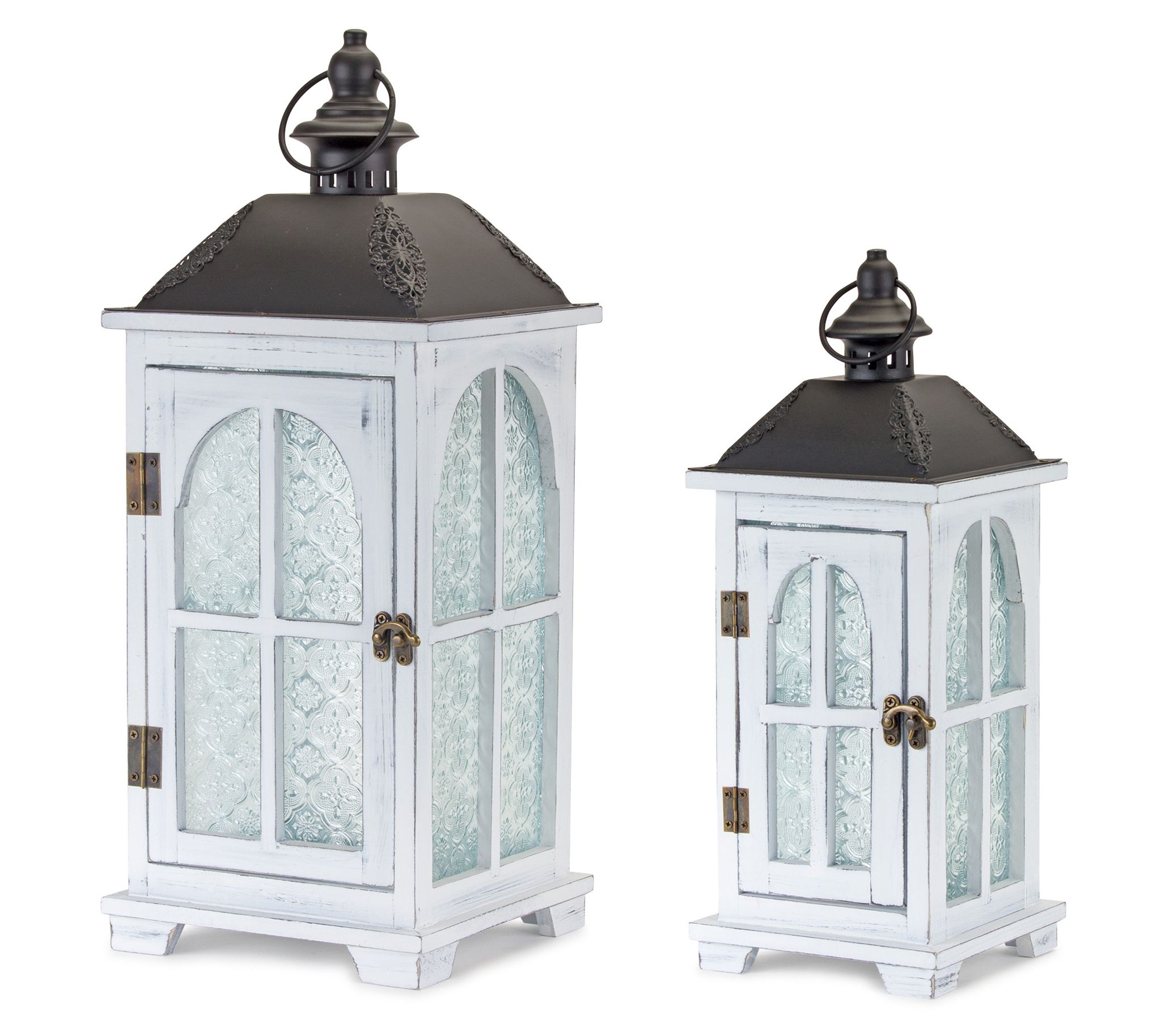Melrose White Wood Lantern w/Ornate Patterned Panes (S/2)