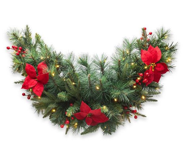 Glitzhome 3ft Pre-Lit Poinsettia Christmas Swag, with Timer