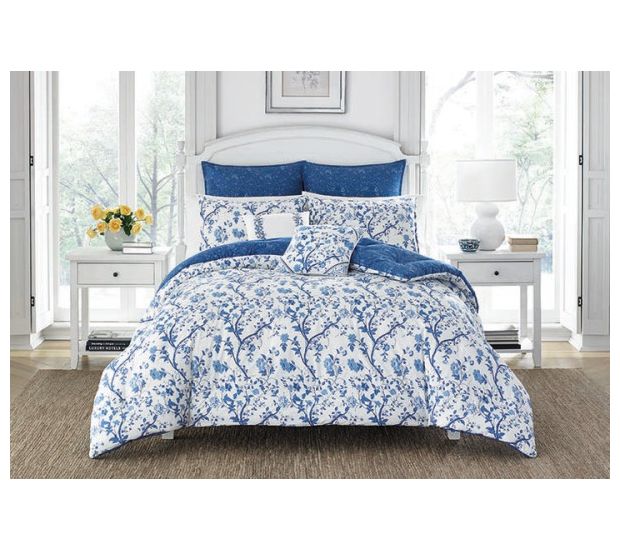 Laura Ashley El ise Navy Full Q ueen Comforter Bonus Set