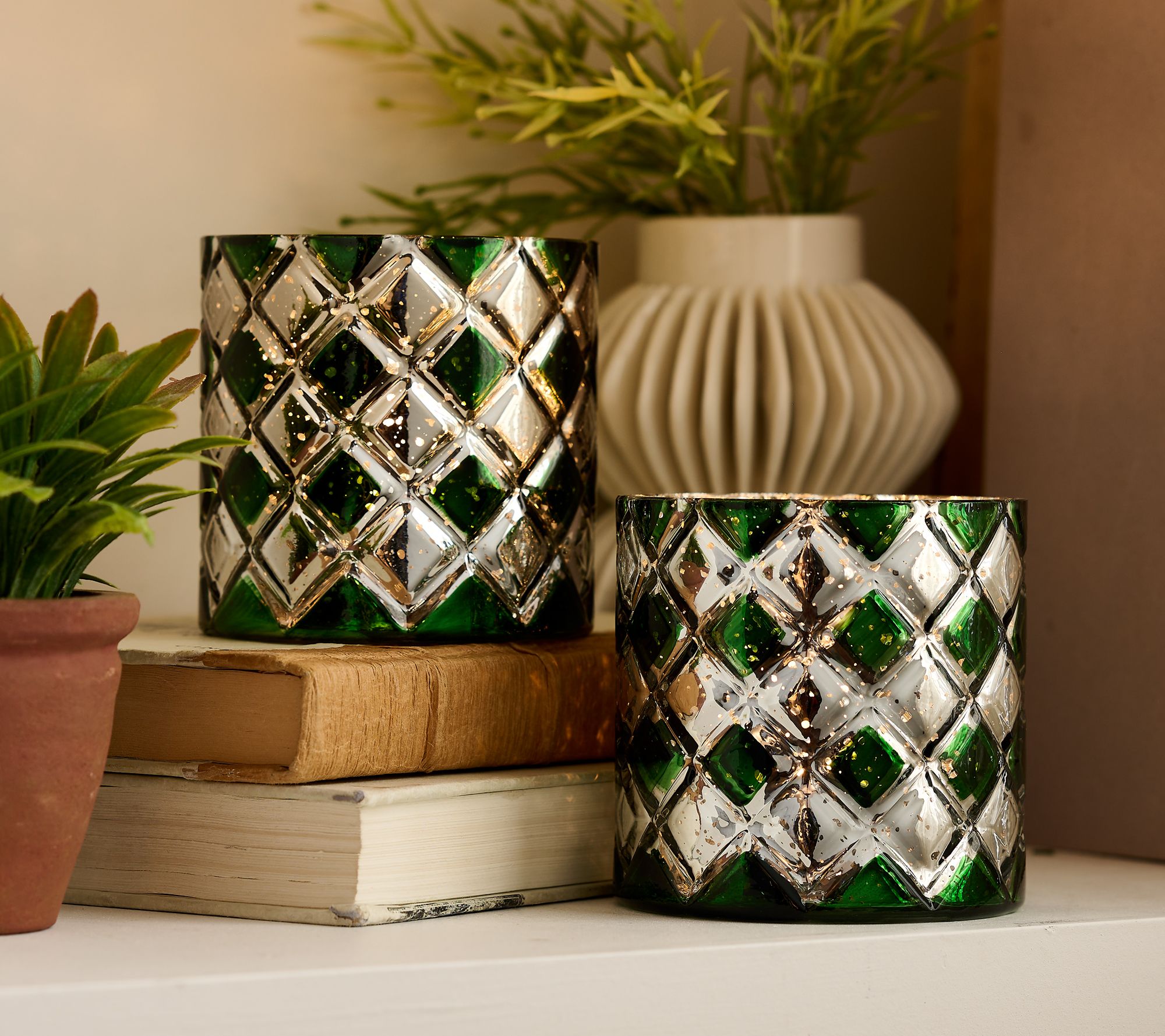 Set of 2 Lit Harlequin Mini Glass Hurricanes by Valerie