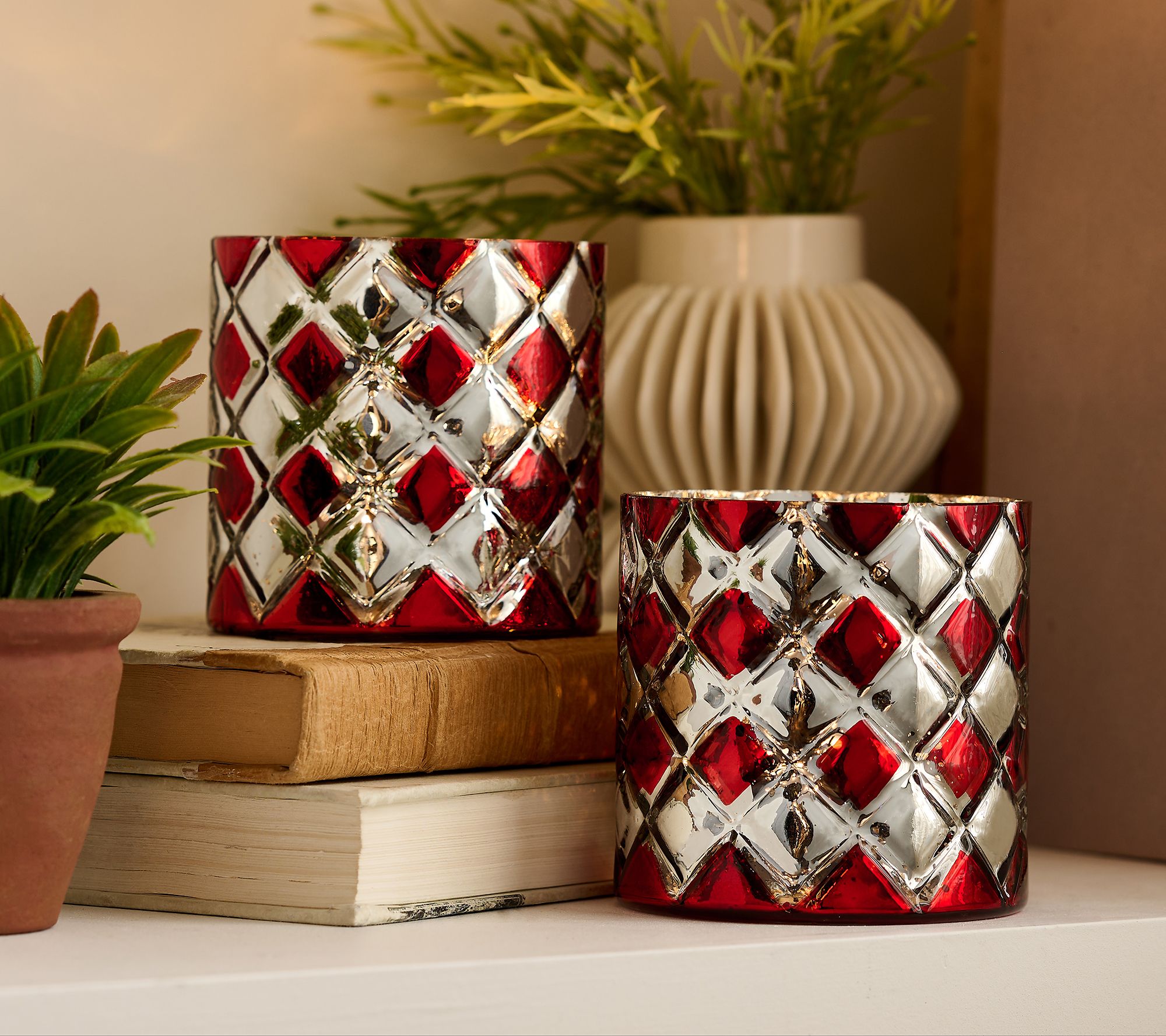 Set of 2 Lit Harlequin Mini Glass Hurricanes by Valerie