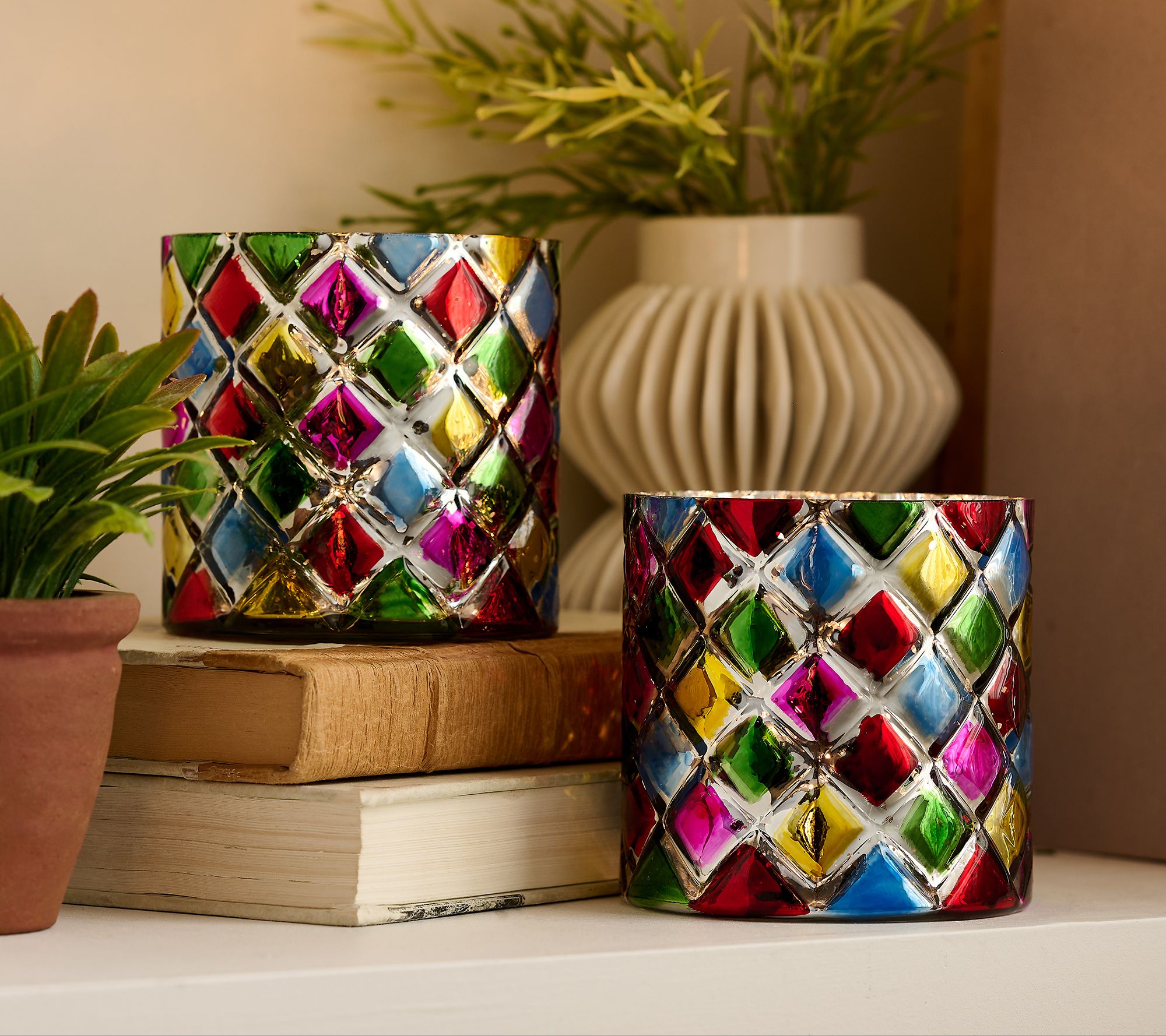 Set of 2 Lit Harlequin Mini Glass Hurricanes by Valerie