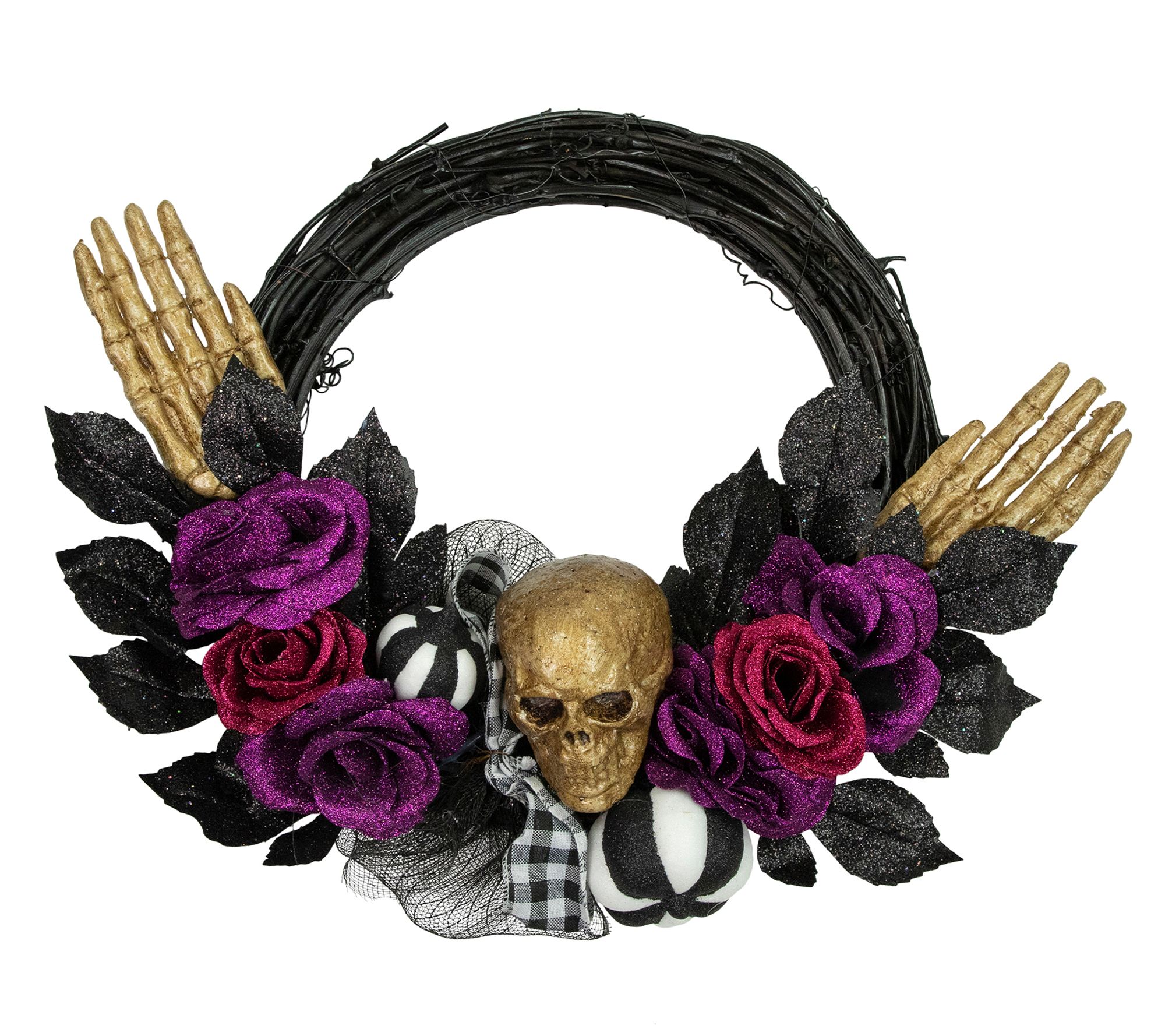 Northlight Skull w/ Hands and Roses Halloween Twig Wreath 22"