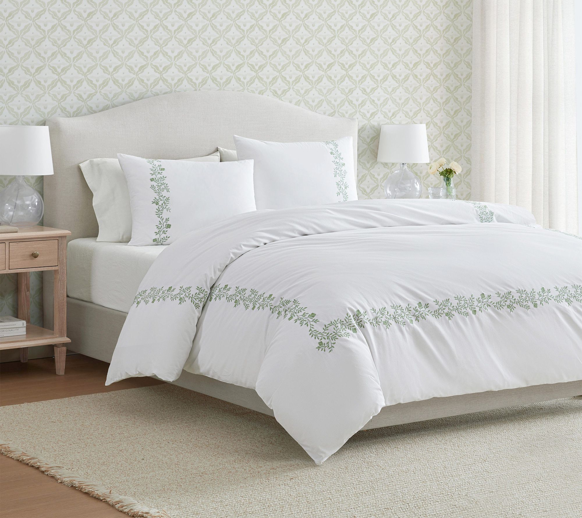 Martha Stewart Garden Path White/Green Cotton King Duvet Set