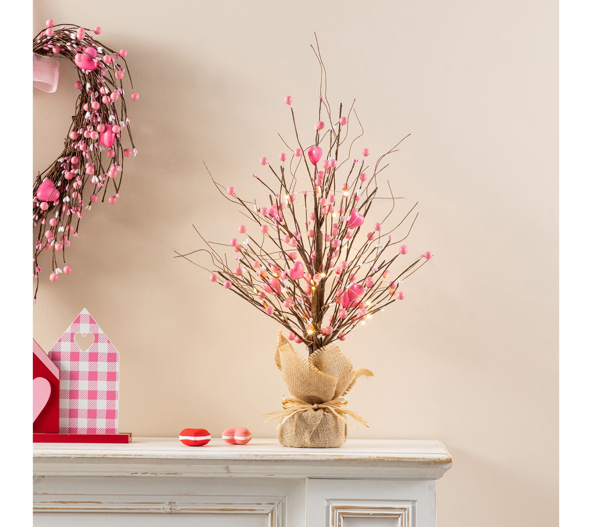 Glitzhome 20"H Lighted Valentine's Pink Berry Heart Table Tree