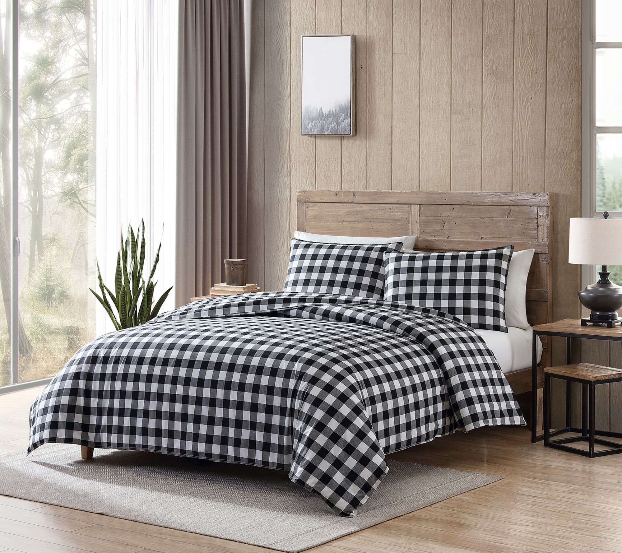 Eddie Bauer Mountain Plaid Black Cotton King Comf Set
