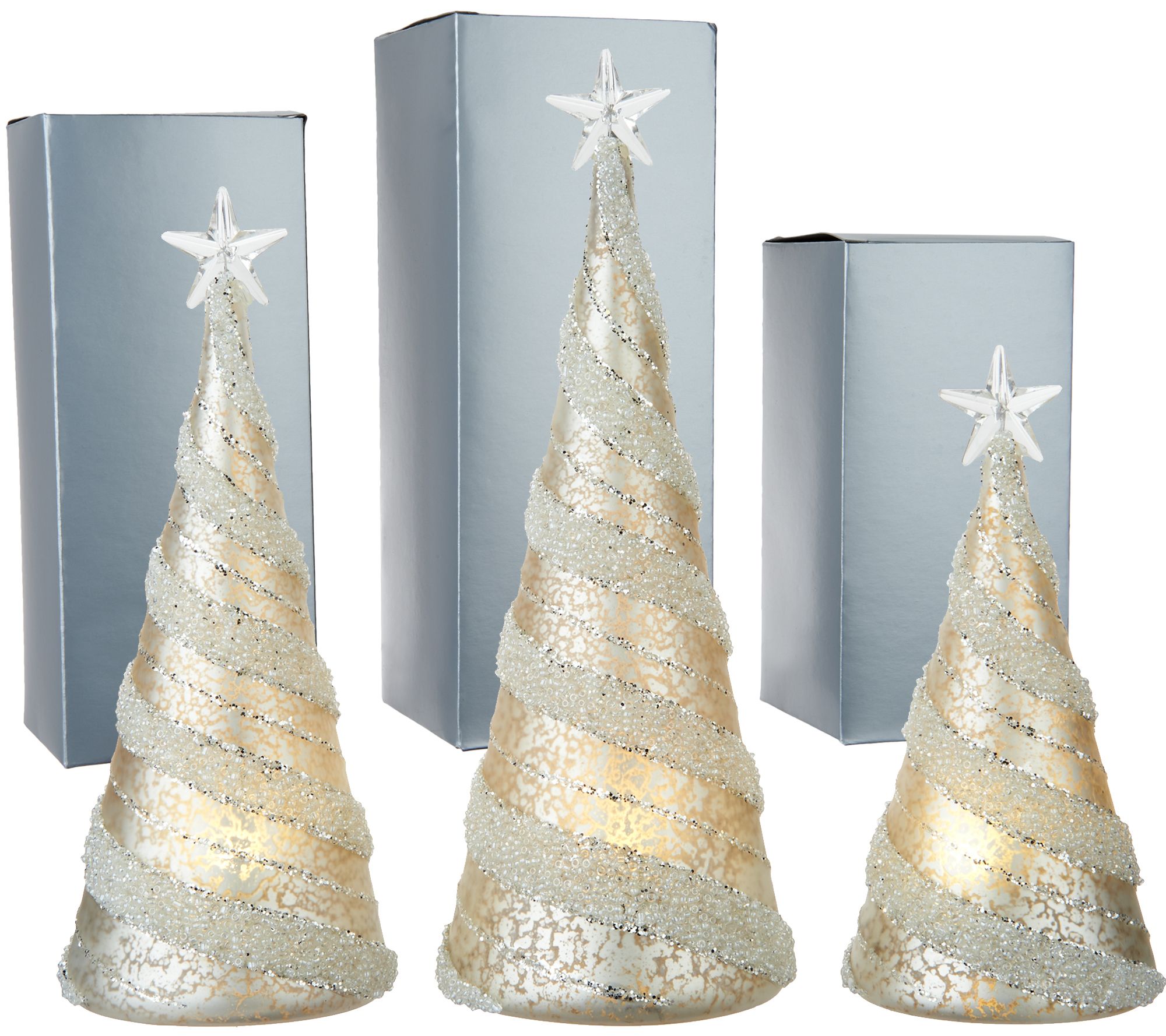 Kringle Express S/3 Illuminated Mercury Glass Trees with Gift Boxes ...