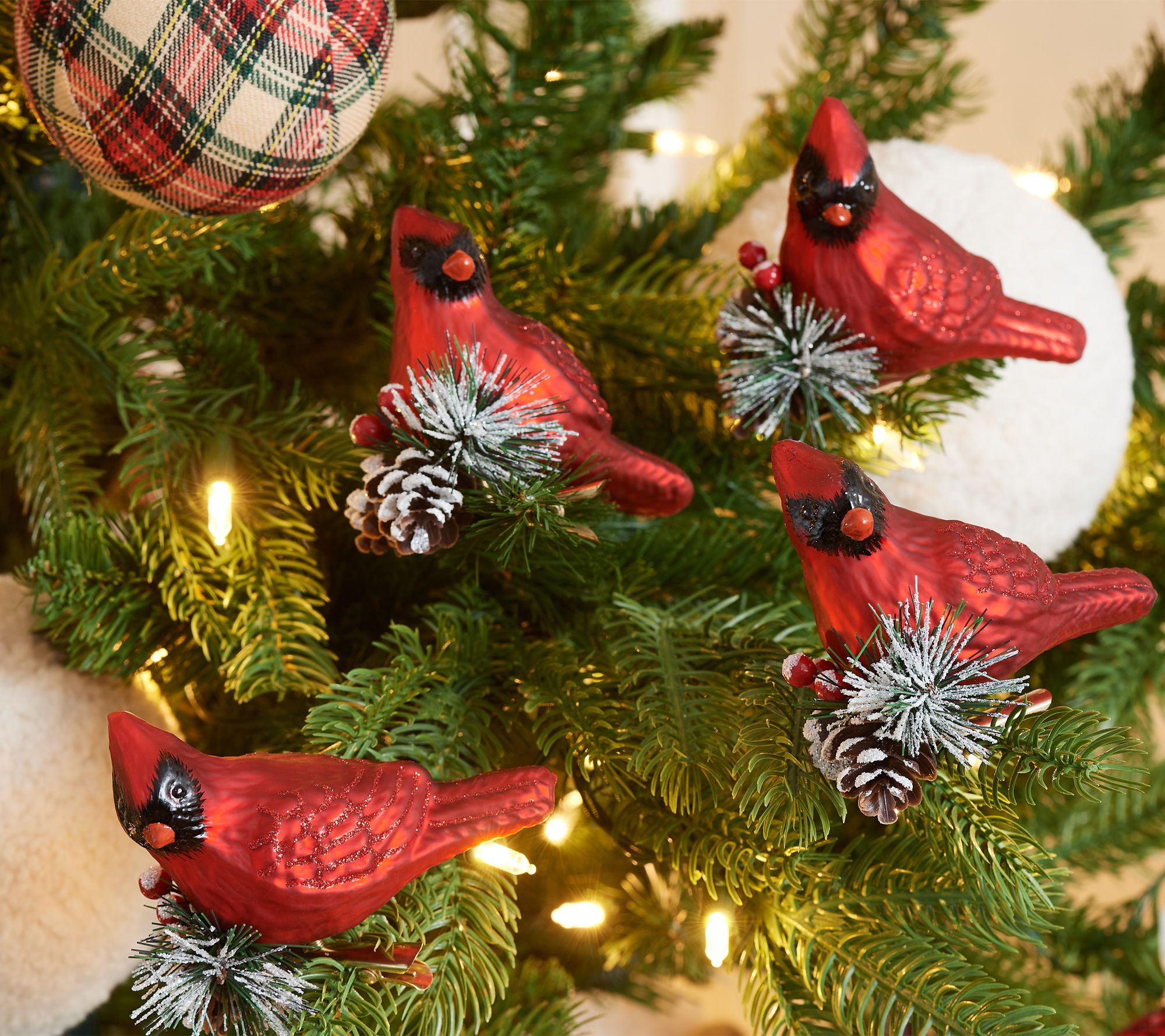Set of 4 Satin Glass Cardinal Clips with Pine Sprig by Valerie - QVC.com
