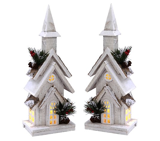 Set of 2 15.2-in H lighted Fir wood Church by Gerson Co