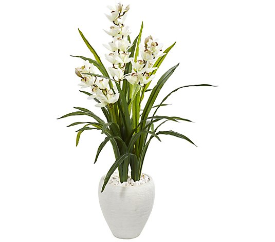 4' Cymbidium Orchid Plant in White Planter by Nearly Natural