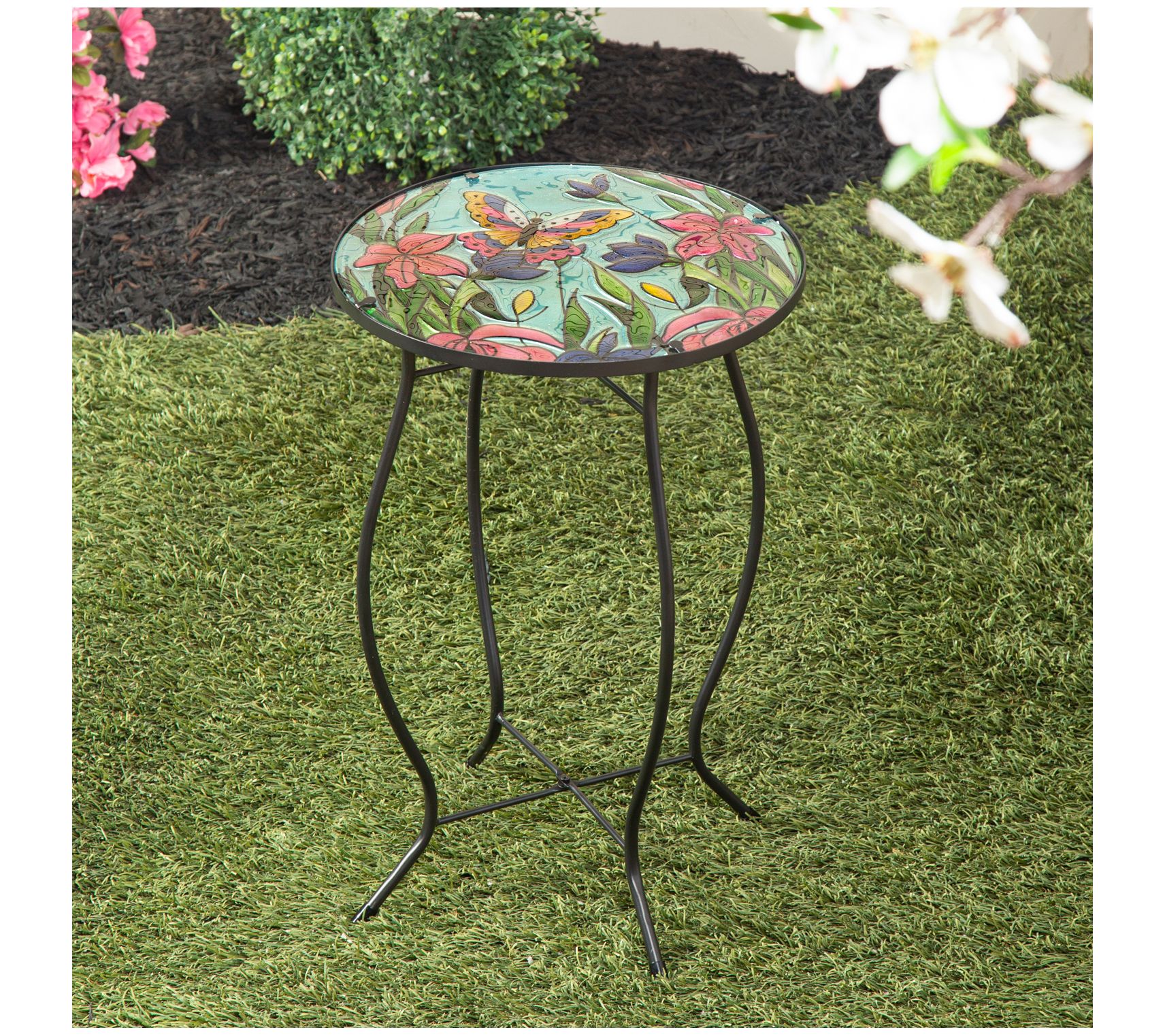 Evergreen Butterfly & Flowers Glass Outdoor Side Table