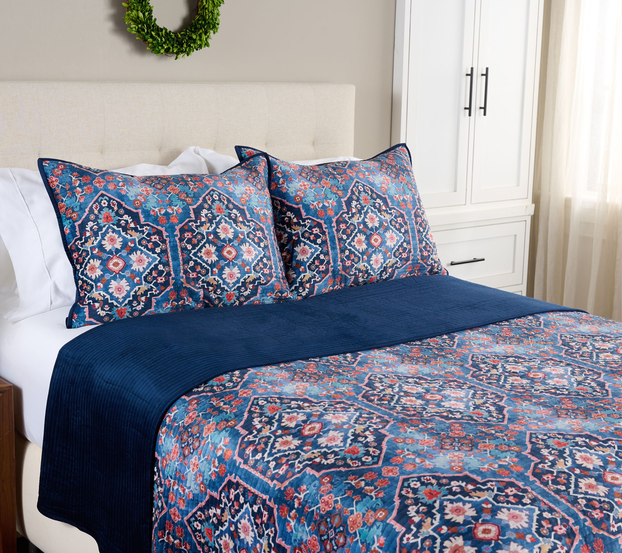 "As Is" Home Reflections Printed Velvet Coverlet Set- Queen