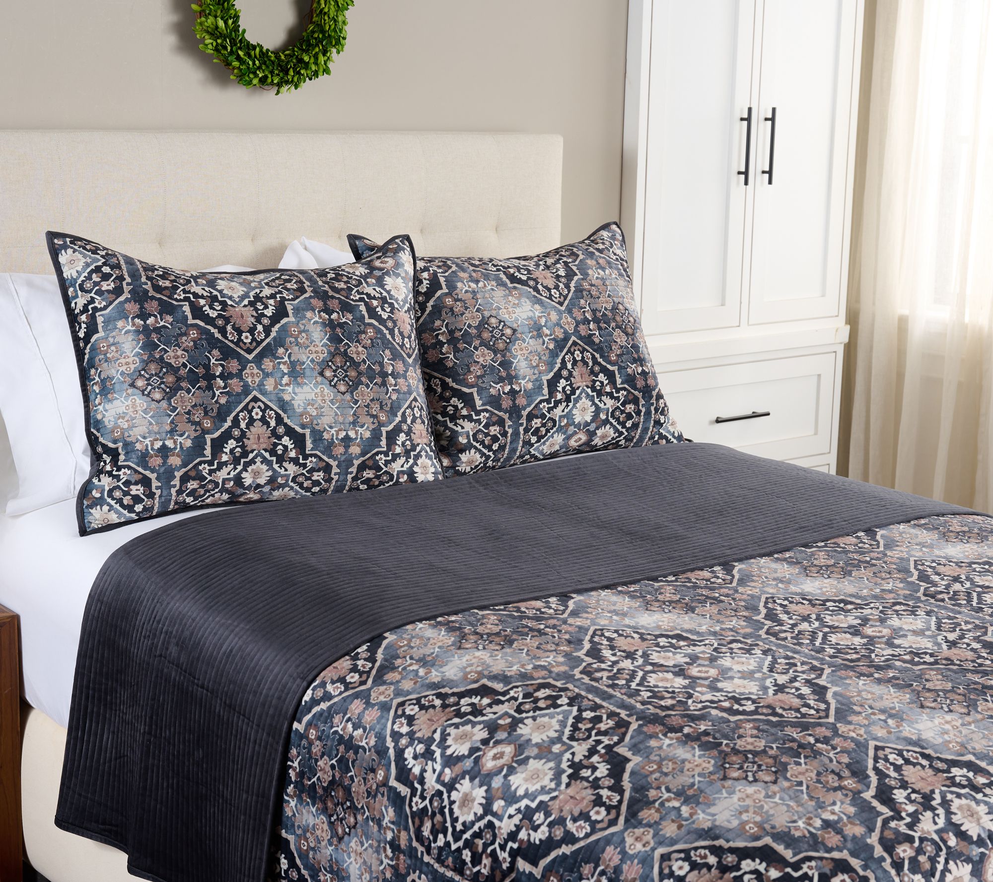 "As Is" Home Reflections Printed Velvet Coverlet Set- Queen