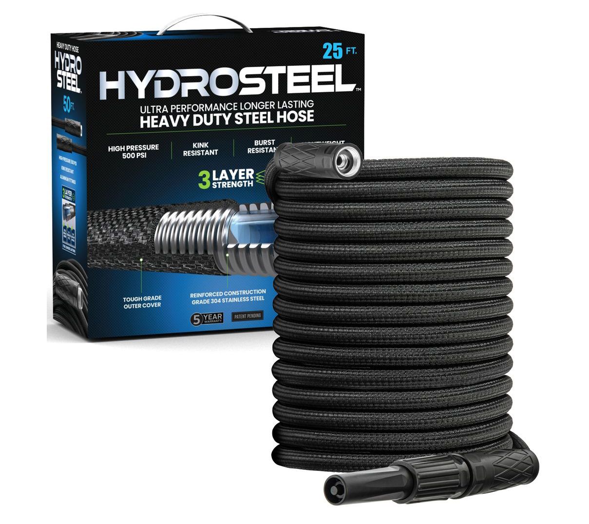 Hydrosteel 25' Heavy Duty Light Stainless SteelGarden Hose