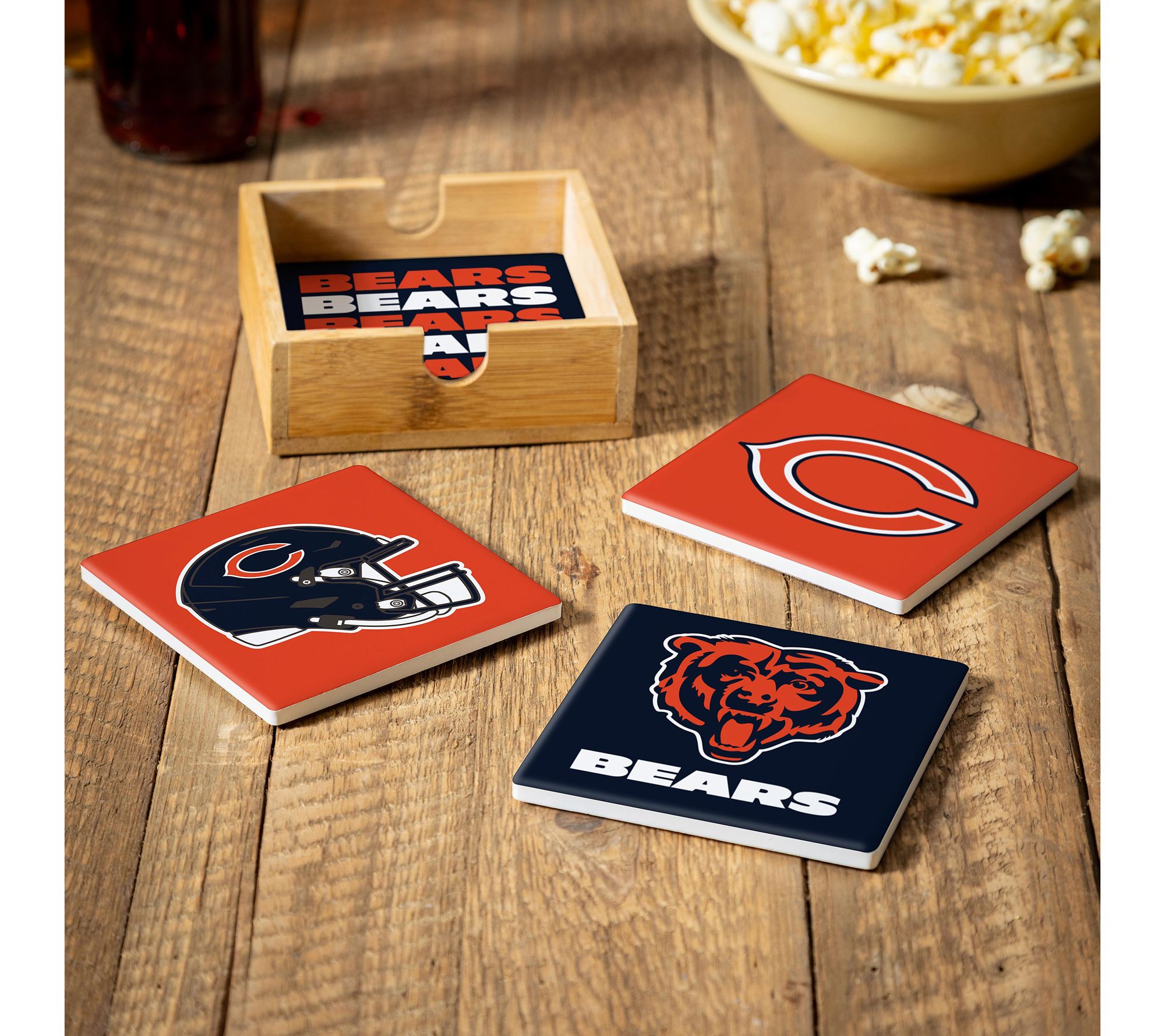 Evergreen 4 Piece NFL Team Ceramic Coaster Setwith Wood Caddy