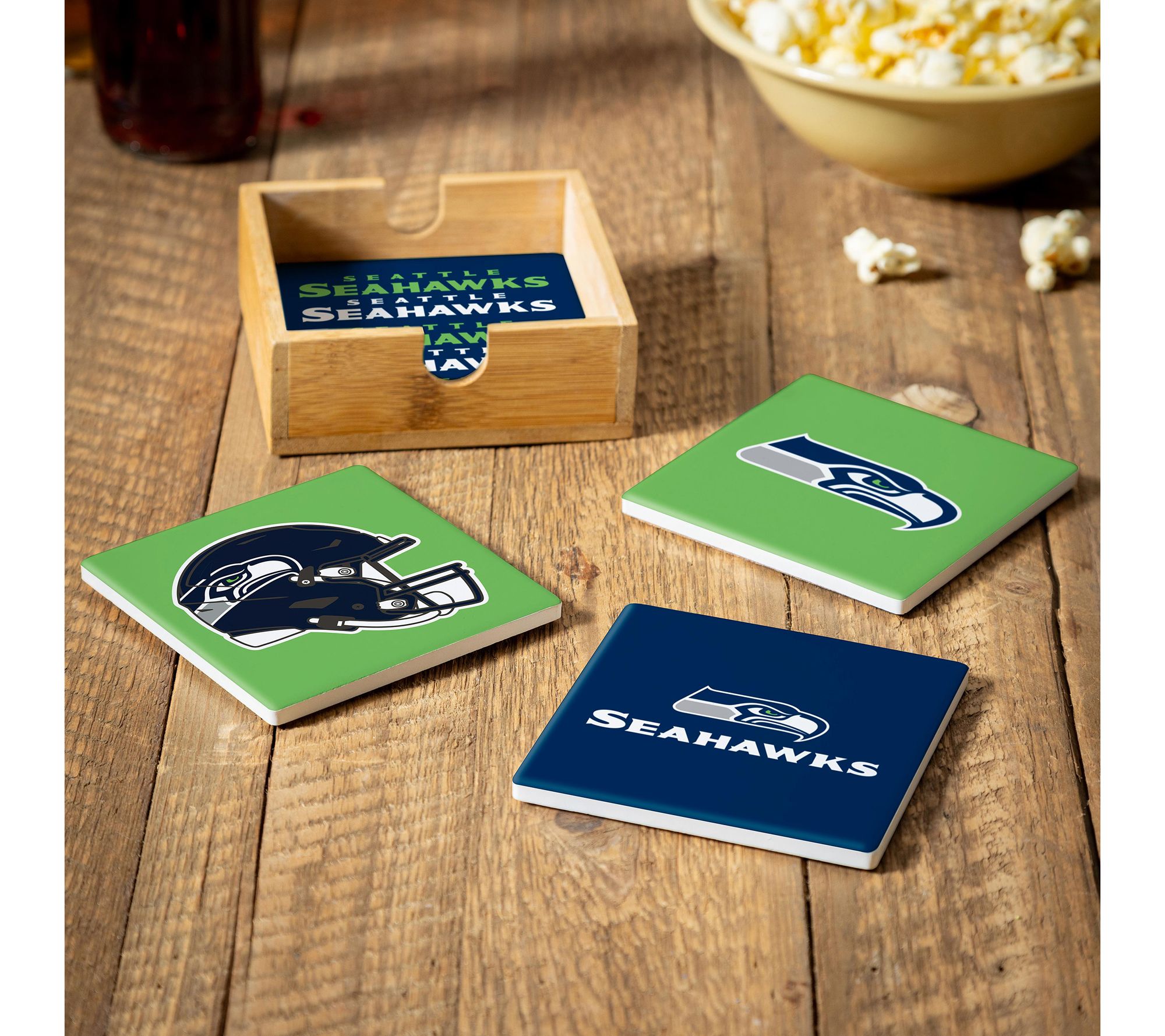 Evergreen 4 Piece NFL Team Ceramic Coaster Setwith Wood Caddy