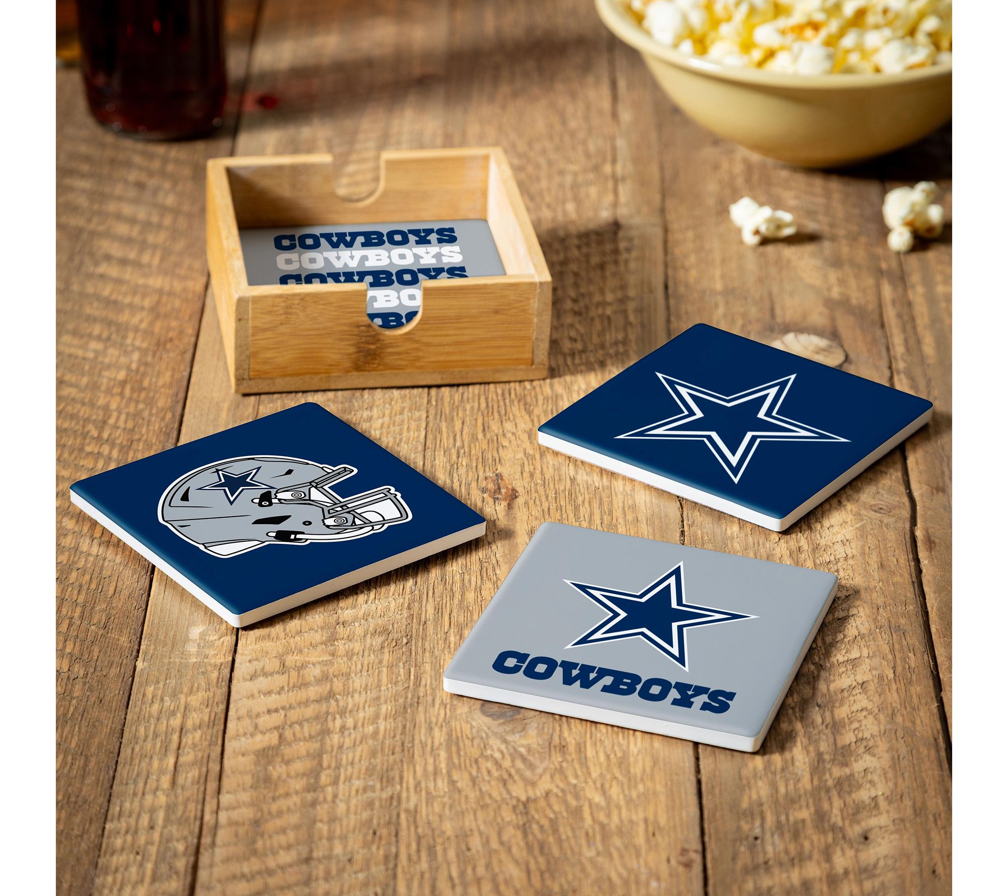 Evergreen 4 Piece NFL Team Ceramic Coaster Setwith Wood Caddy