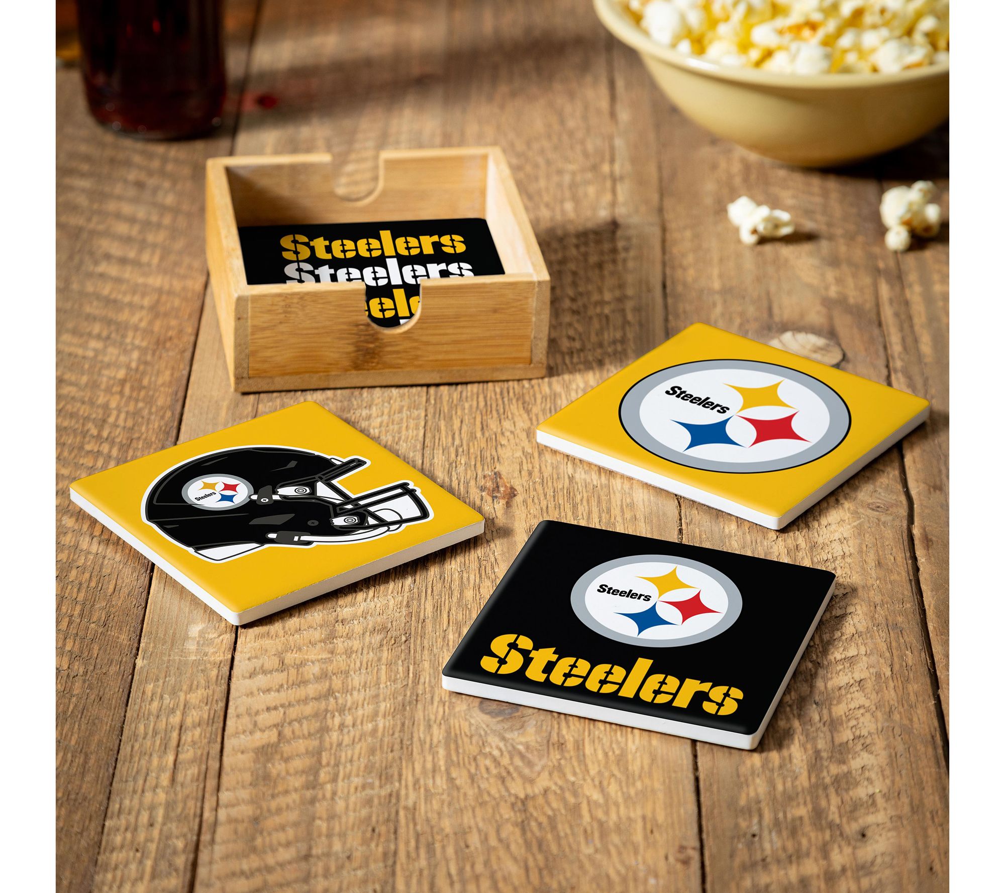 Evergreen 4 Piece NFL Team Ceramic Coaster Setwith Wood Caddy