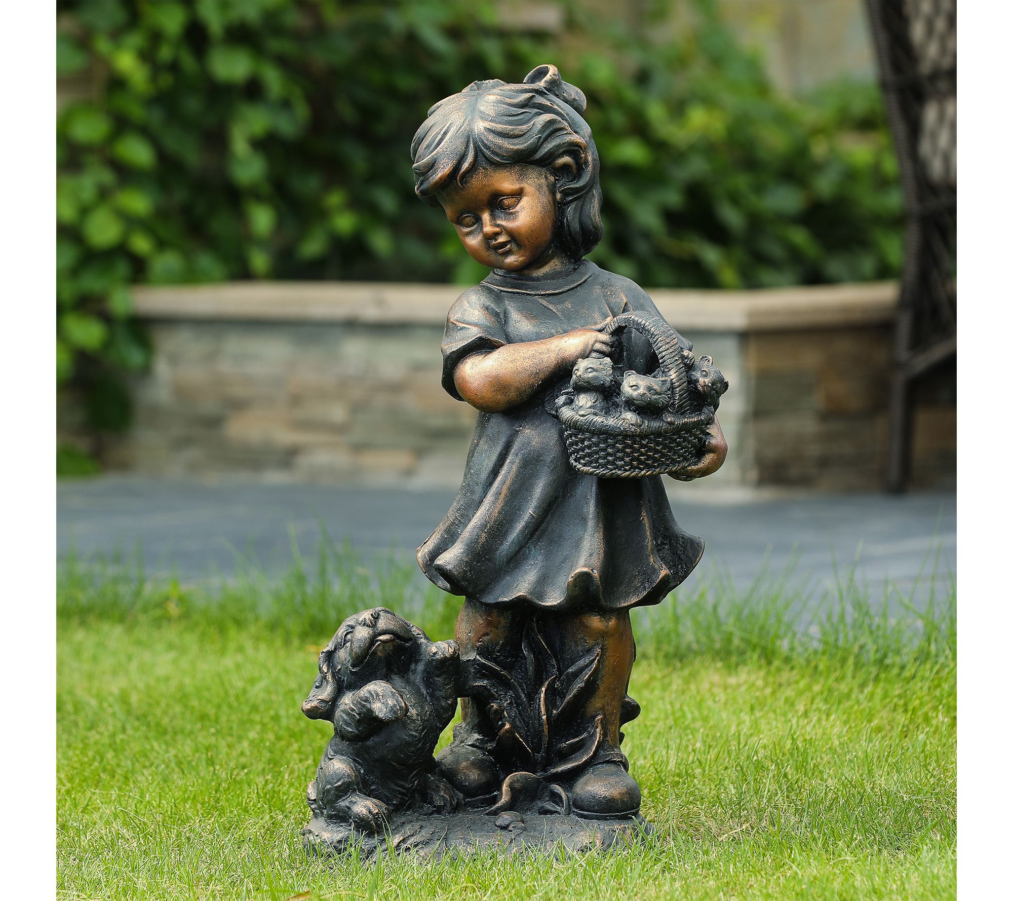 LuxenHome Bronze MgO Girl Holding Basket Statue