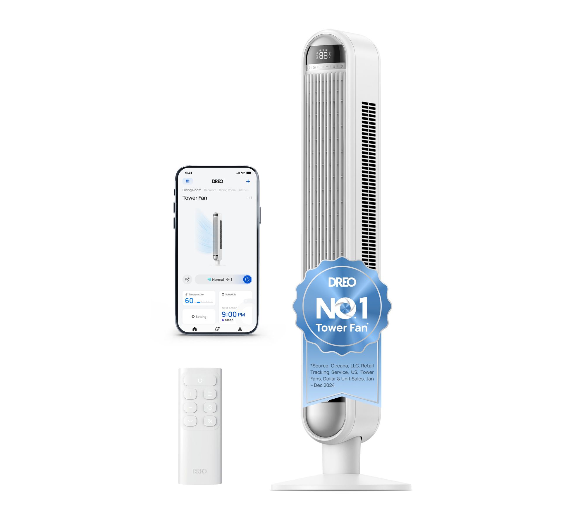 DREO 42" Smart Tower Fan with Remote 6-Speed 90Osc