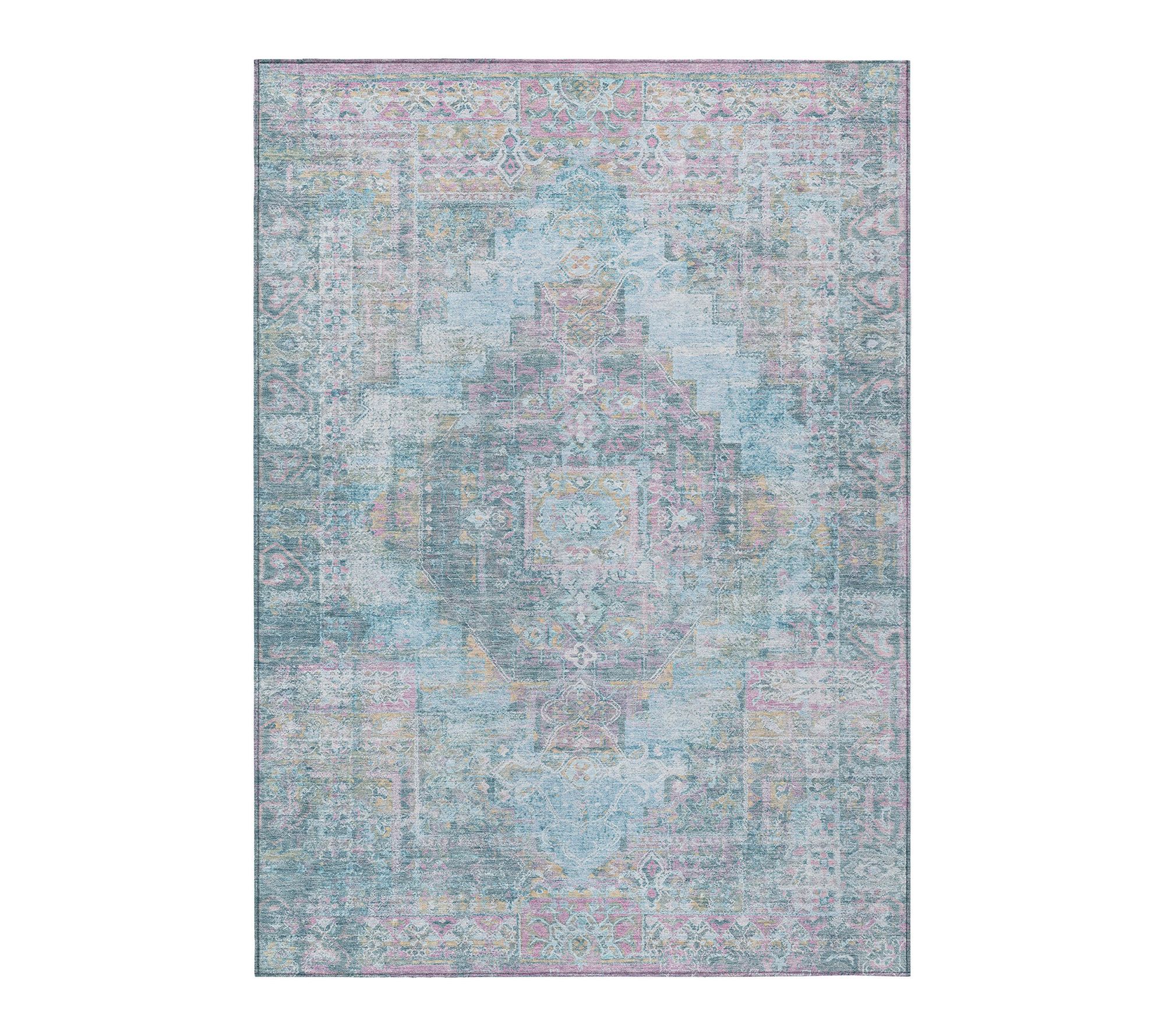 HomeRoots 3' X 5' Blue And Pink Medallion Washable Outdoor Rug