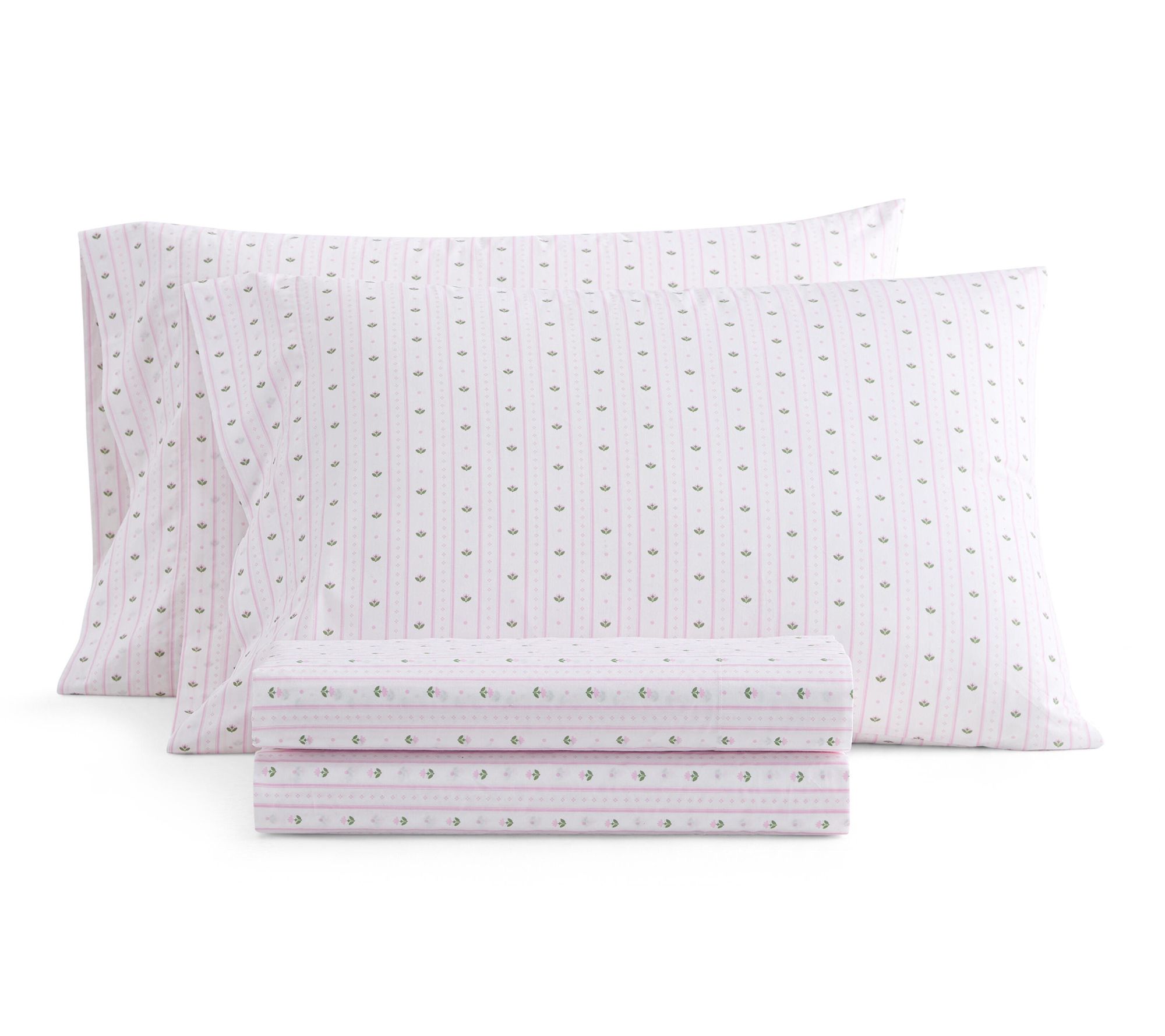 Martha Stewart Floral Stripe W hite/Pink Cotto n King Sheet Se