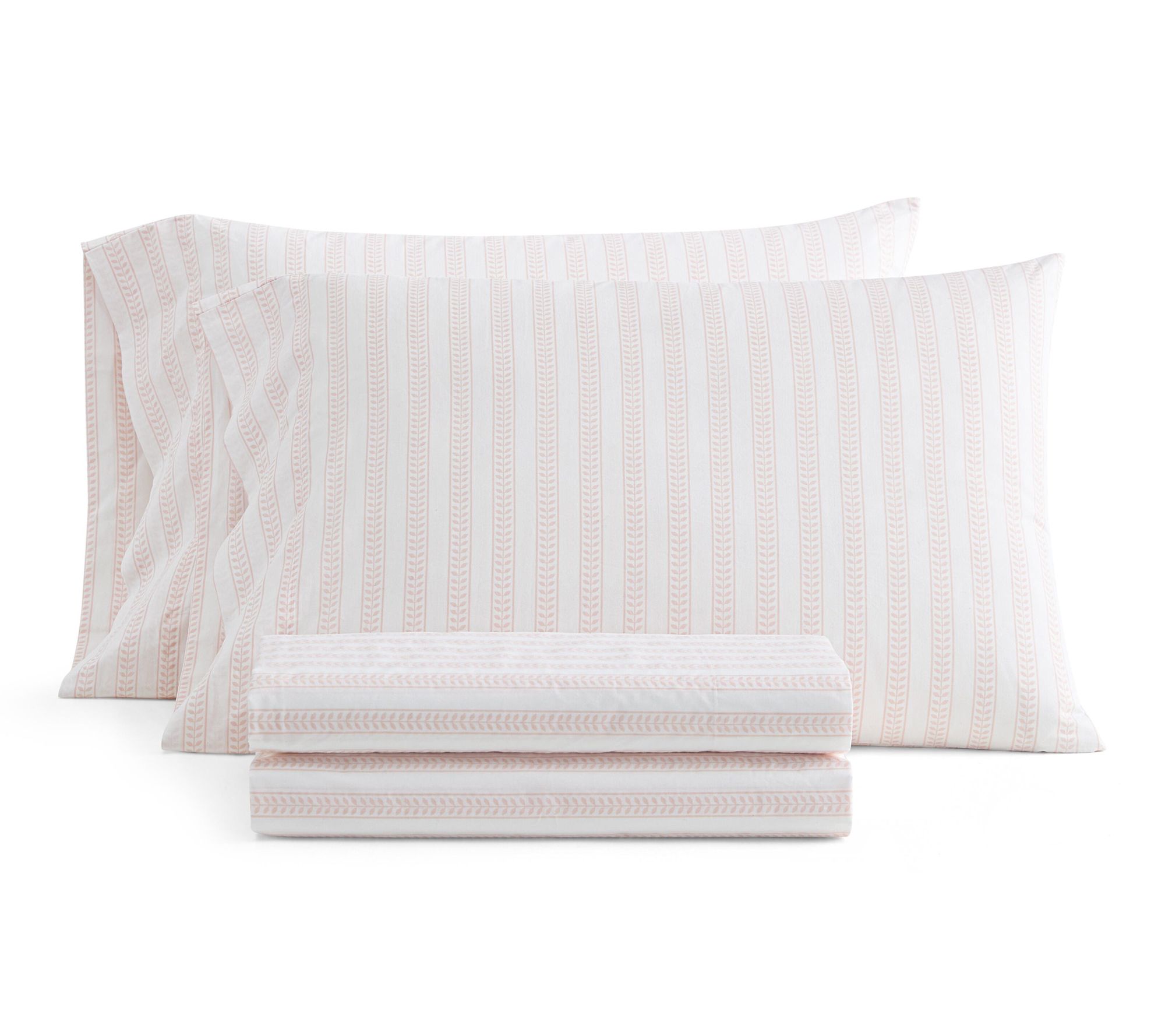 Martha Stewart Leaf Stripe White/Peach Cotton Twin Sheet Set