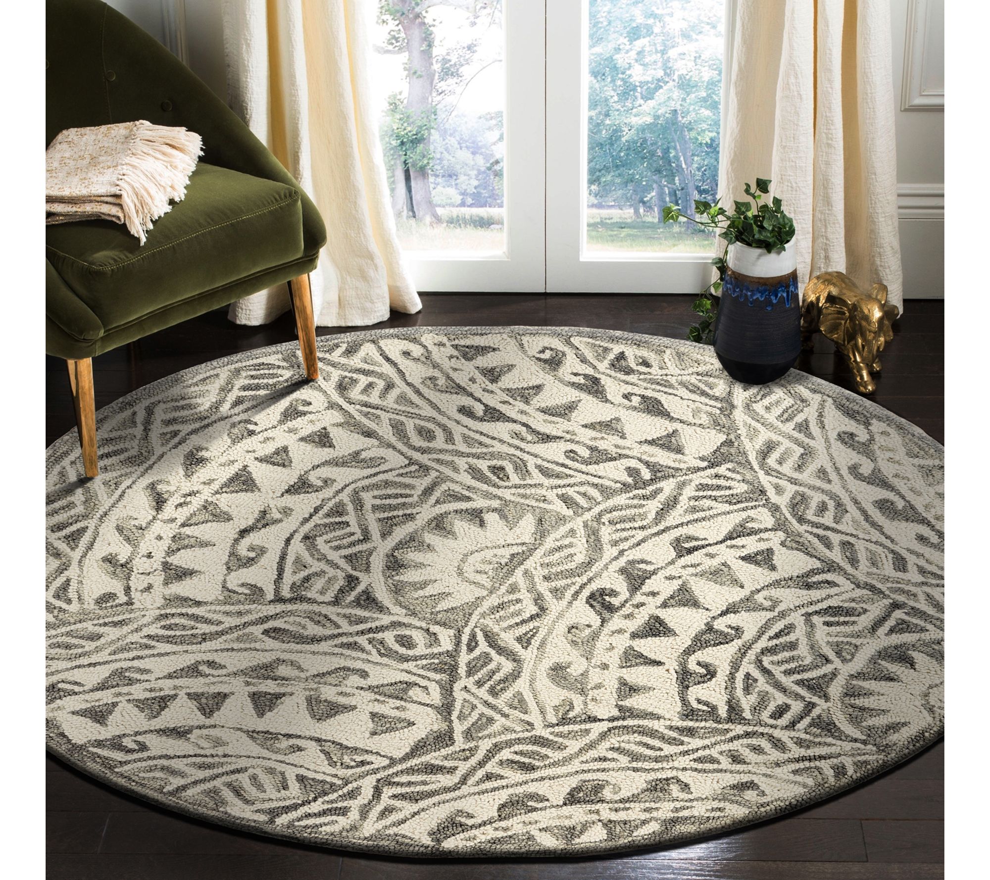 Ox Bay Gray Geometric Mosaic Wool Indoor 6' Round Rug