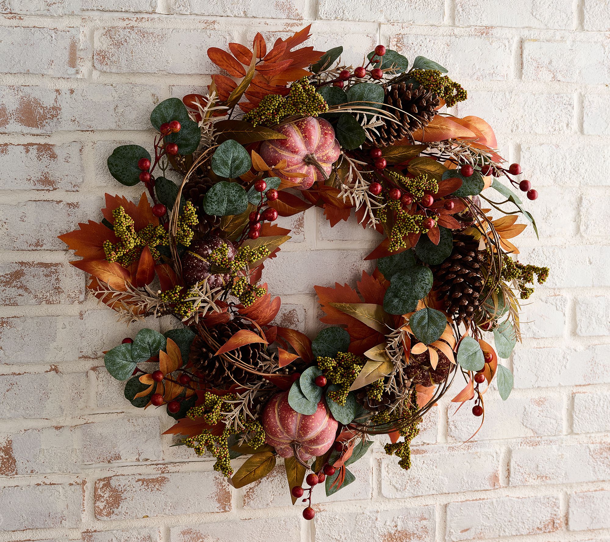 ShWk 9/22 24" Pumpkin, Pinecone and Leaf Wreath by Valerie