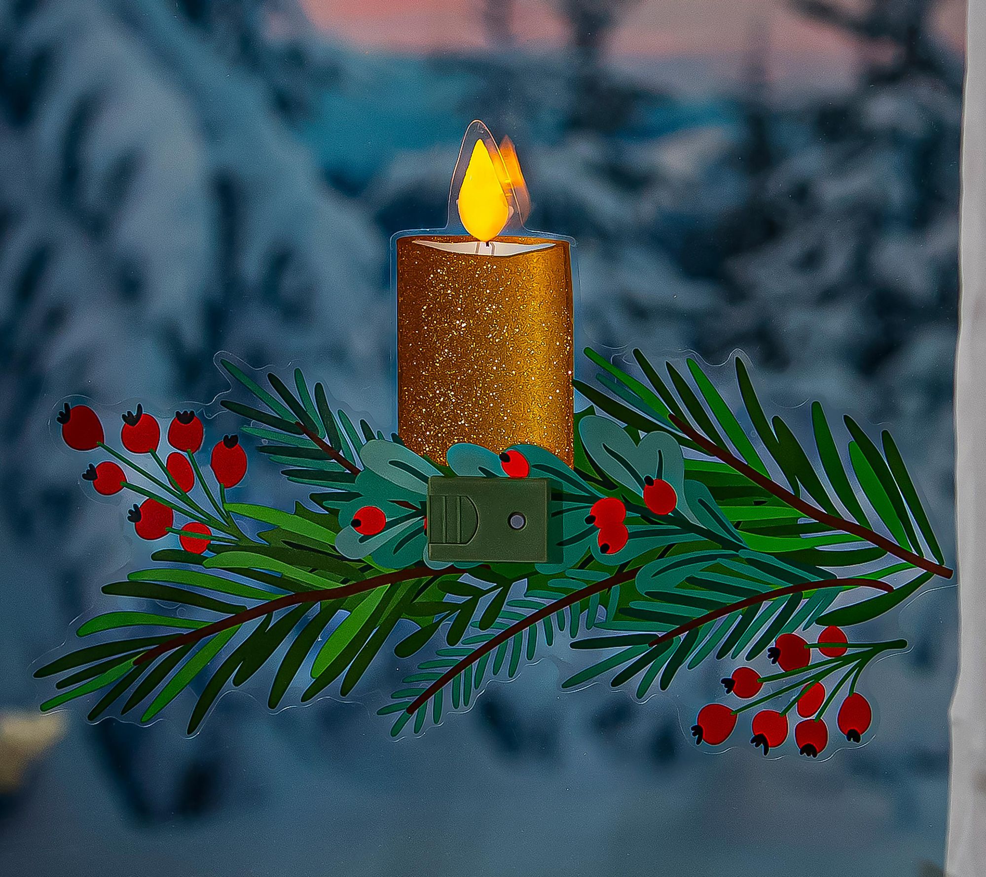 Evergreen 12"L LED Flickering Candle & GreeneryWindow Decal