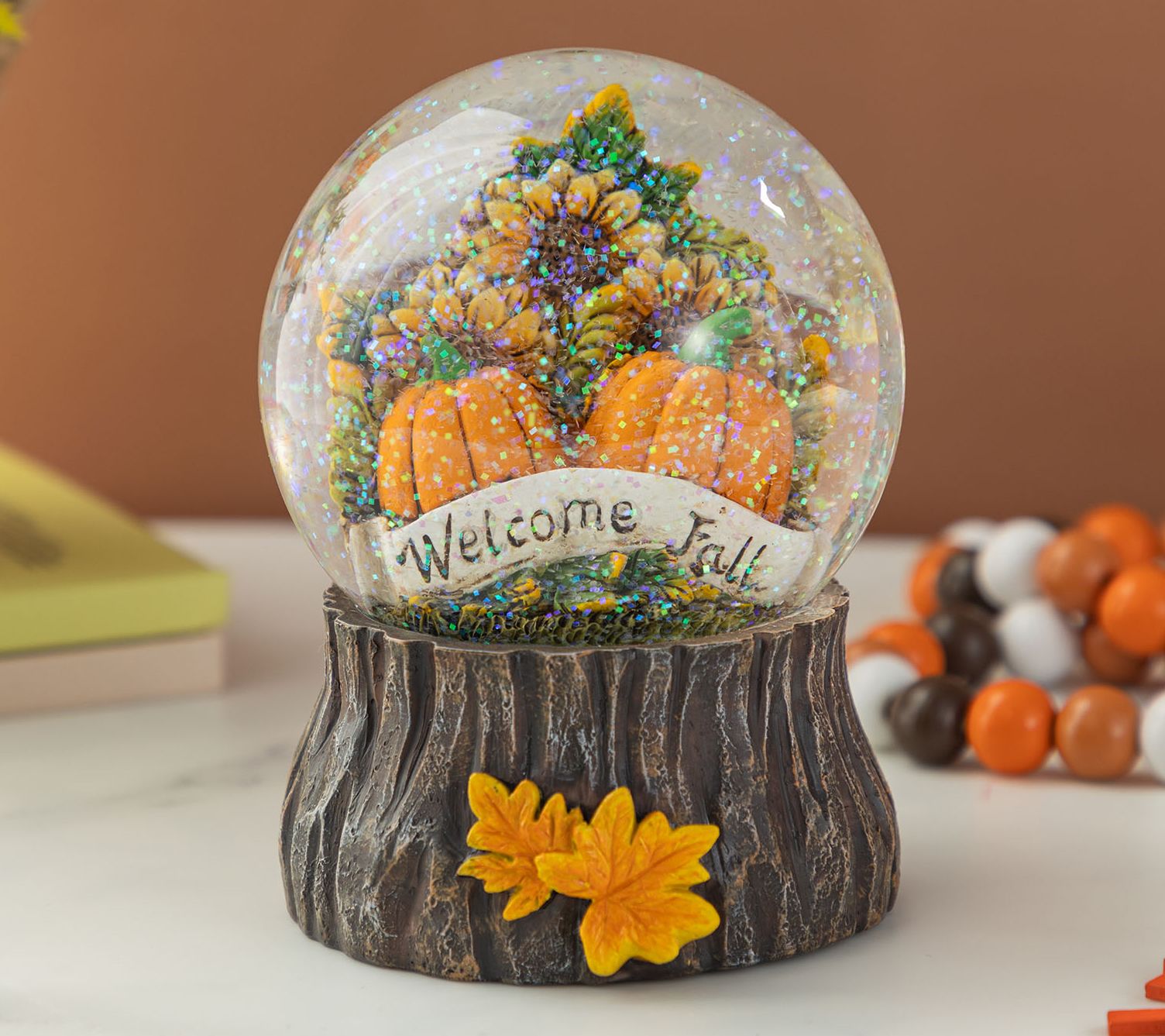 Glitzhome 6''H Fall Harvest Sunflower and Pumpkin Waterglobe