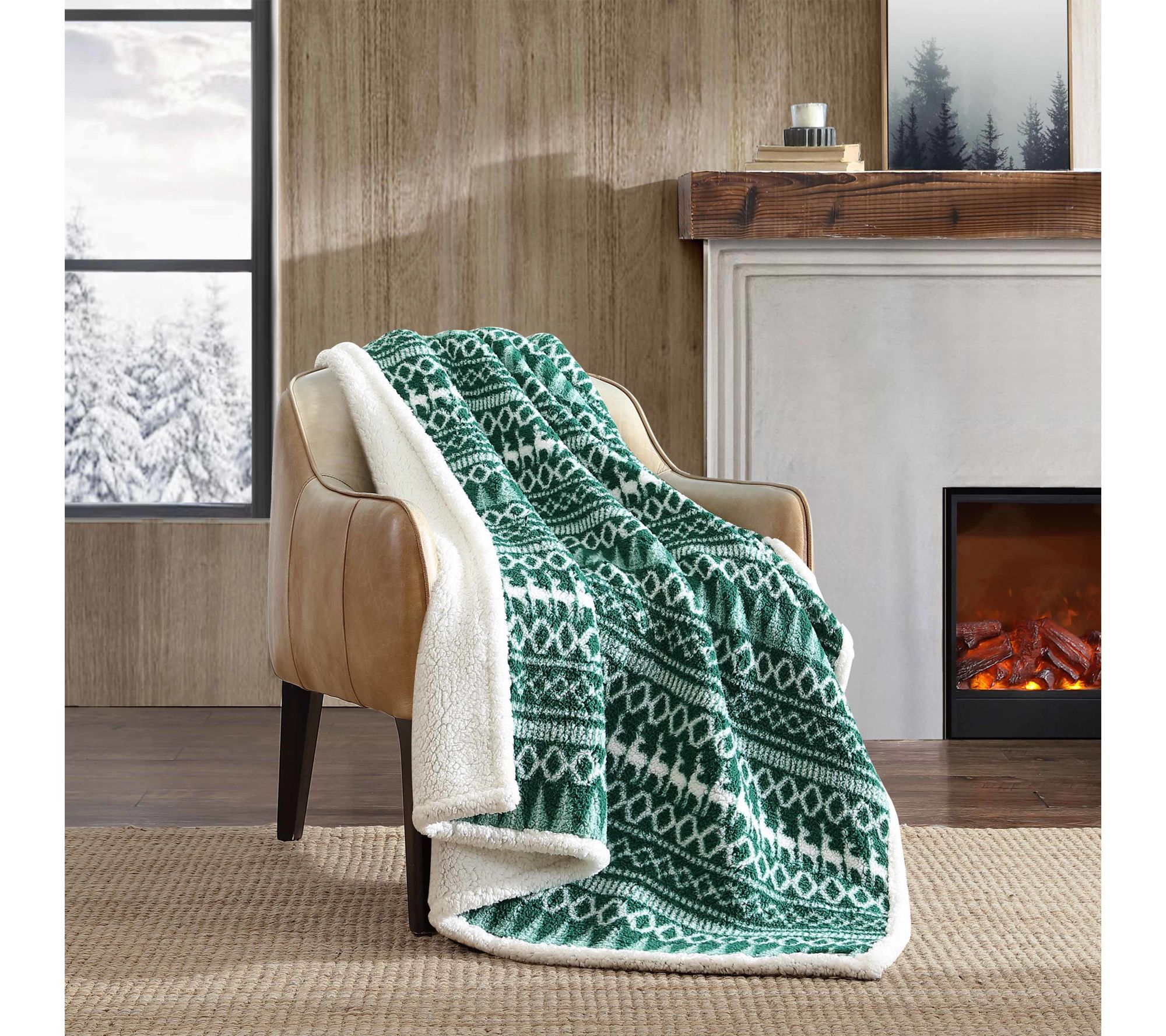 Eddie Bauer Alpine Fair Isle Green Sherpa 50" x60" Throw