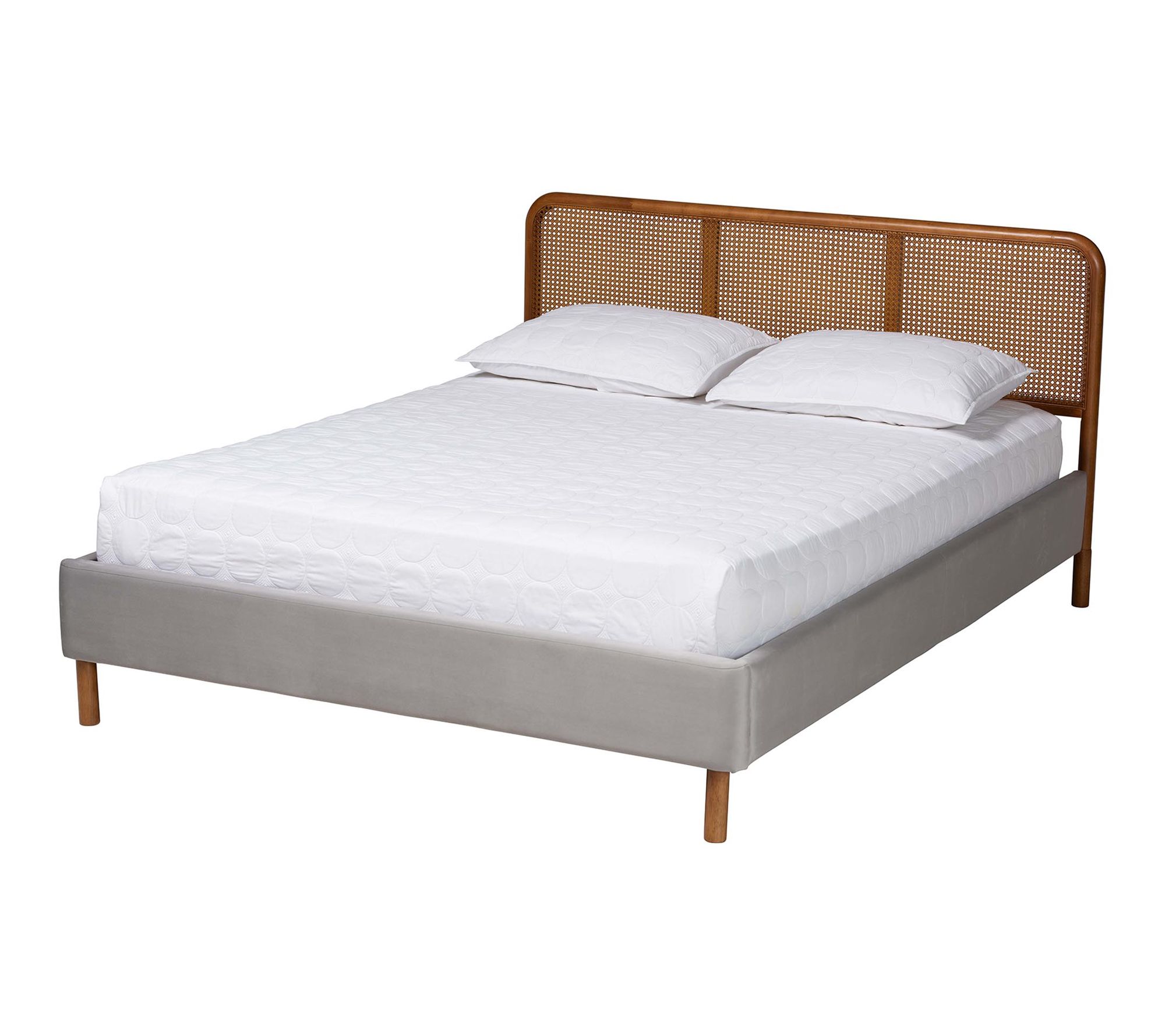 Baxton Studio Rosita Grey Velvet Brown Wood Queen Platform Bed