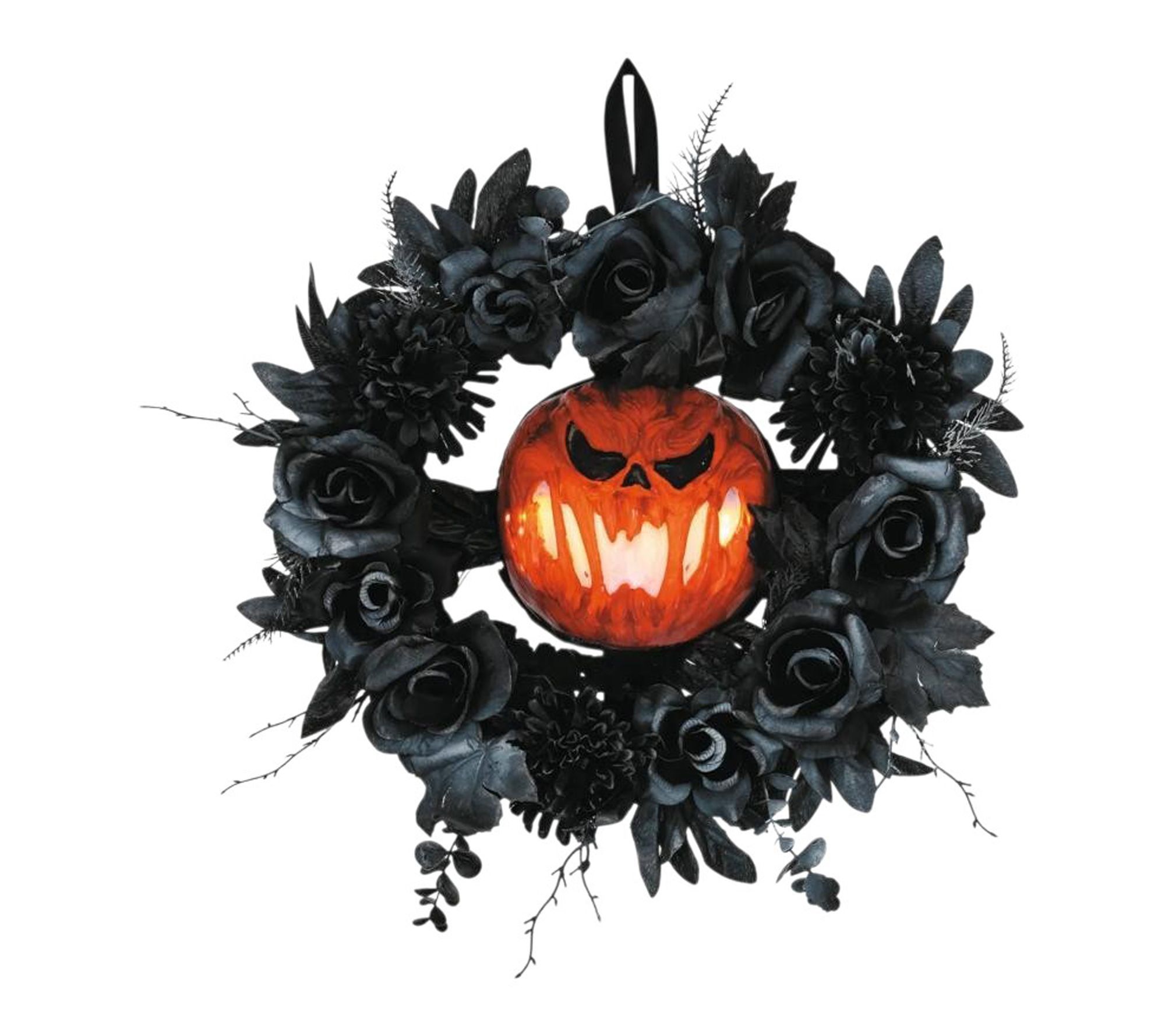 17.25" Black Halloween Wreath with Light-Up LED Jack-O'-Lantern