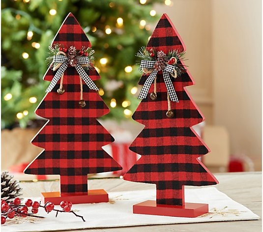 Set of 2 14" Checked Wooden Trees with Ribbon by Valerie