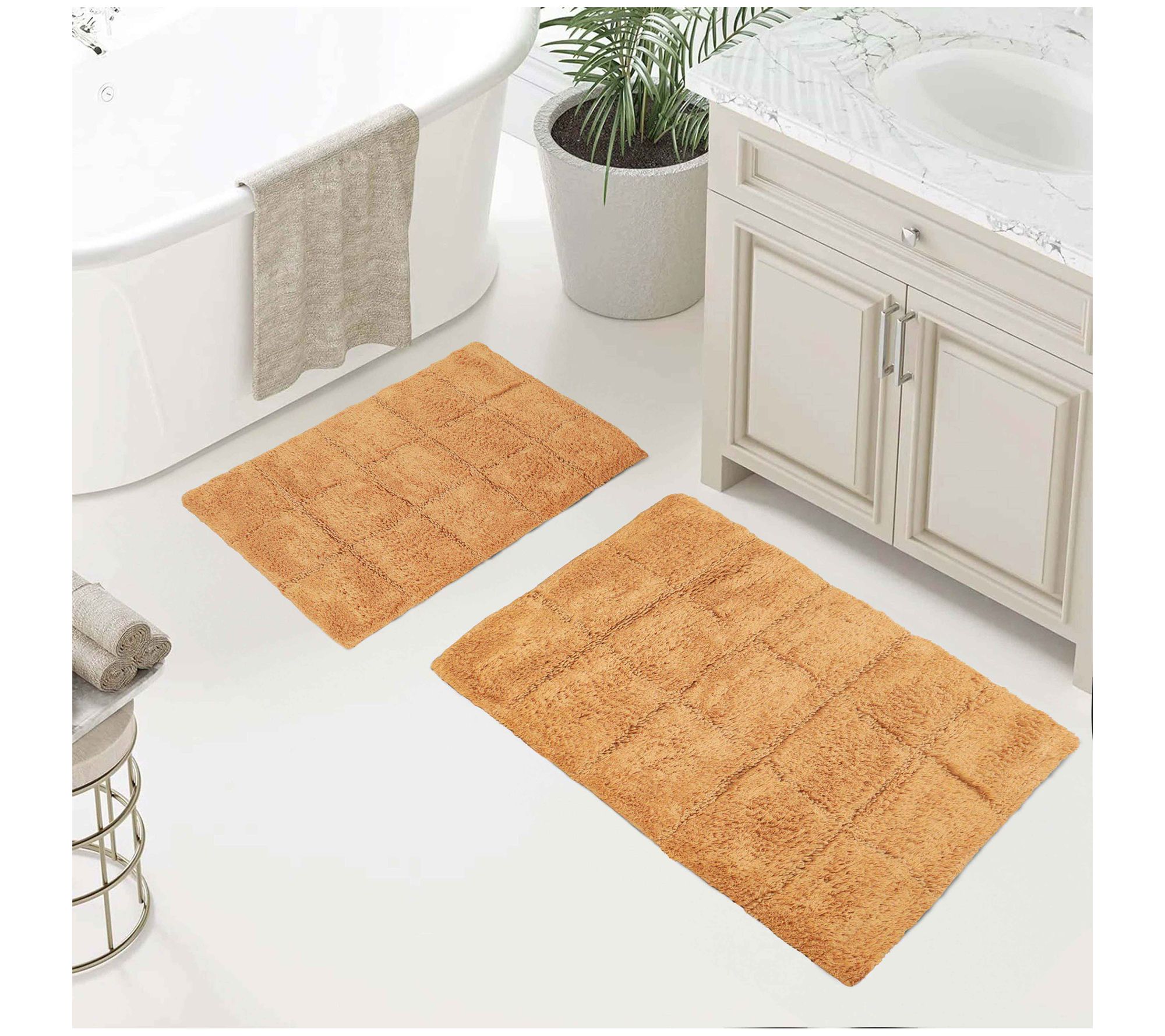 Superior Cotton 2-Piece Solid Checkered Non-Slip Bath Rug Set