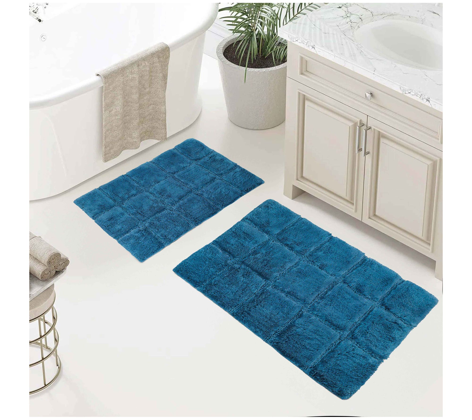 Superior Cotton 2-Piece Solid Checkered Non-Slip Bath Rug Set