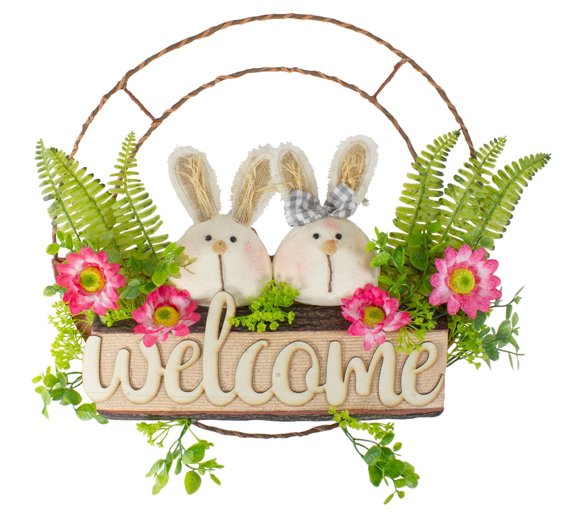 Northlight Rabbit Couple Floral Spring "Welcome " Wreath 19"
